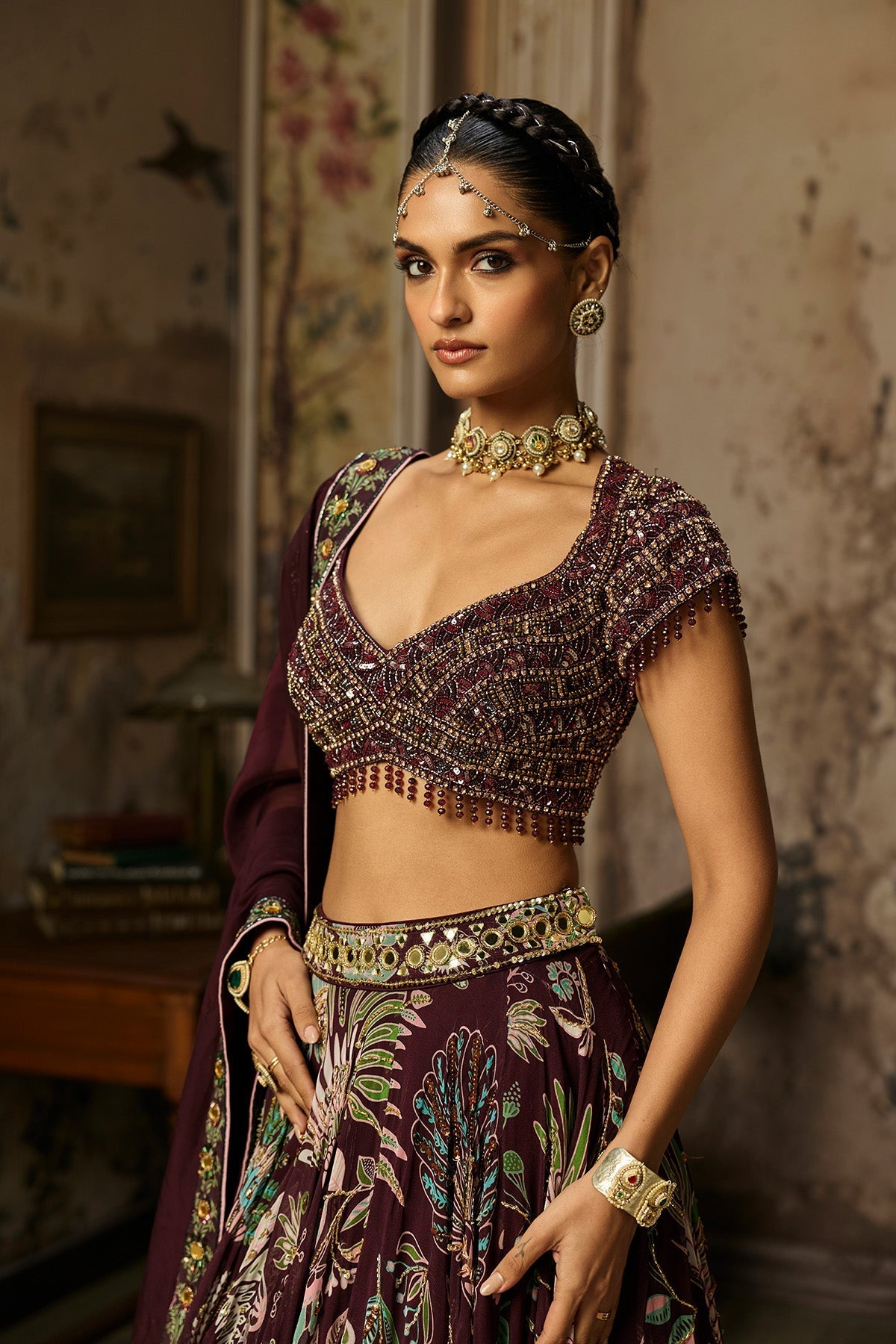 Plum Embroidered Blouse With Printed Lehenga Set - Ready To Ship