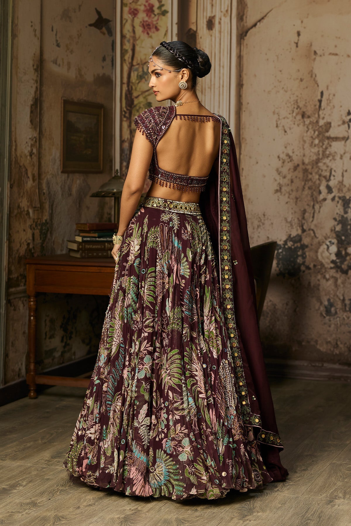 Plum Embroidered Blouse With Printed Lehenga Set - Ready To Ship