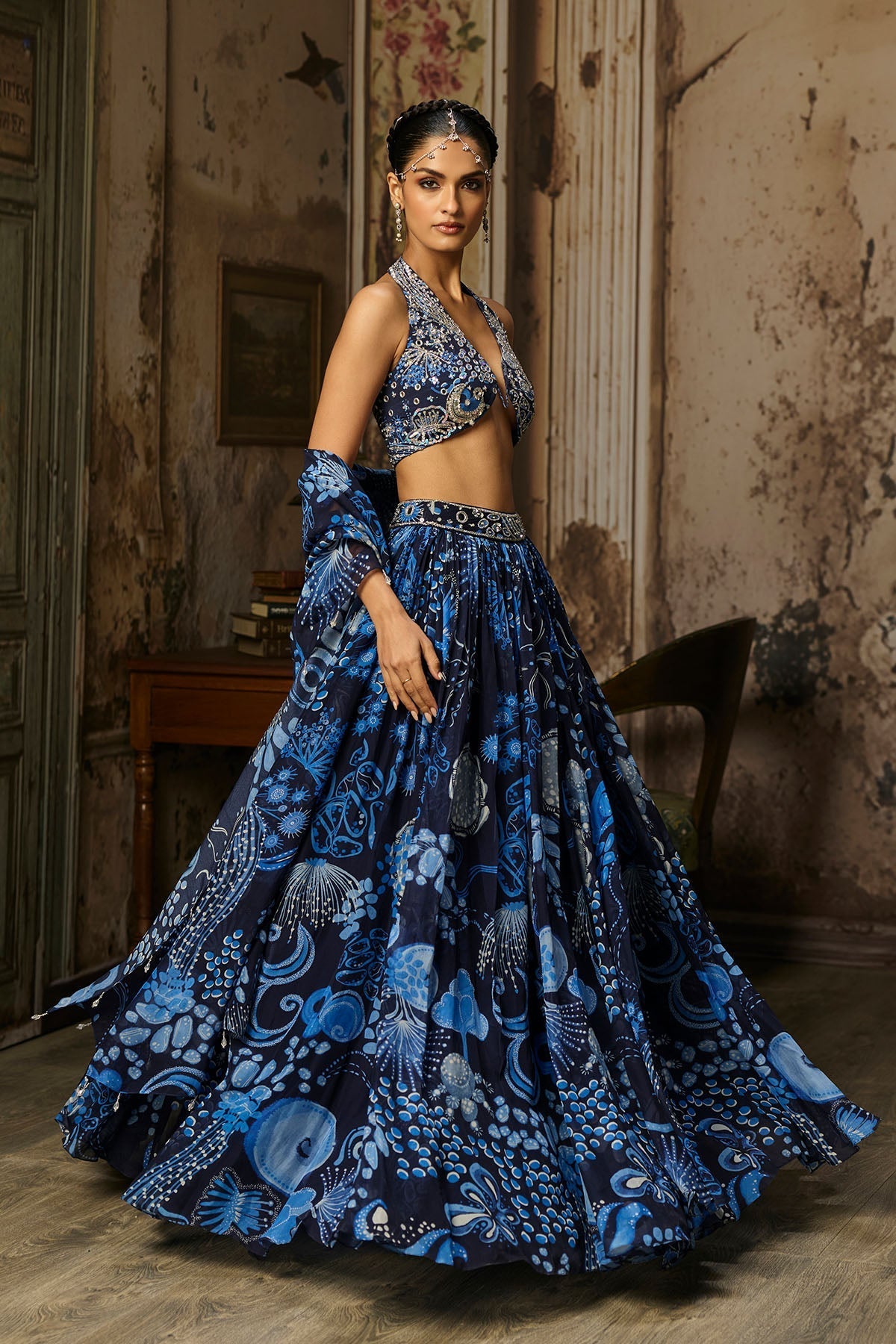 Navy Blue Printed & Highlighted Lehenga Set - Ready To Ship