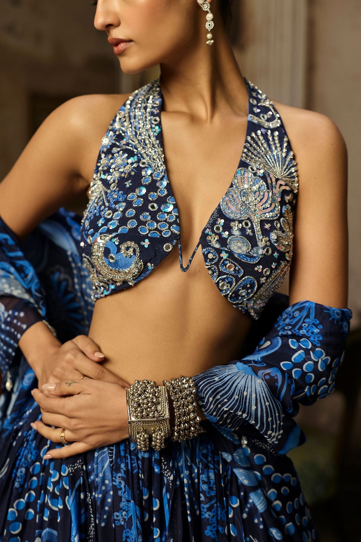 Navy Blue Printed & Highlighted Lehenga Set - Ready To Ship