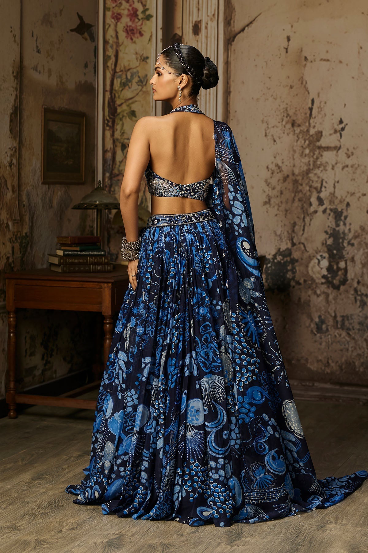 Navy Blue Printed & Highlighted Lehenga Set - Ready To Ship