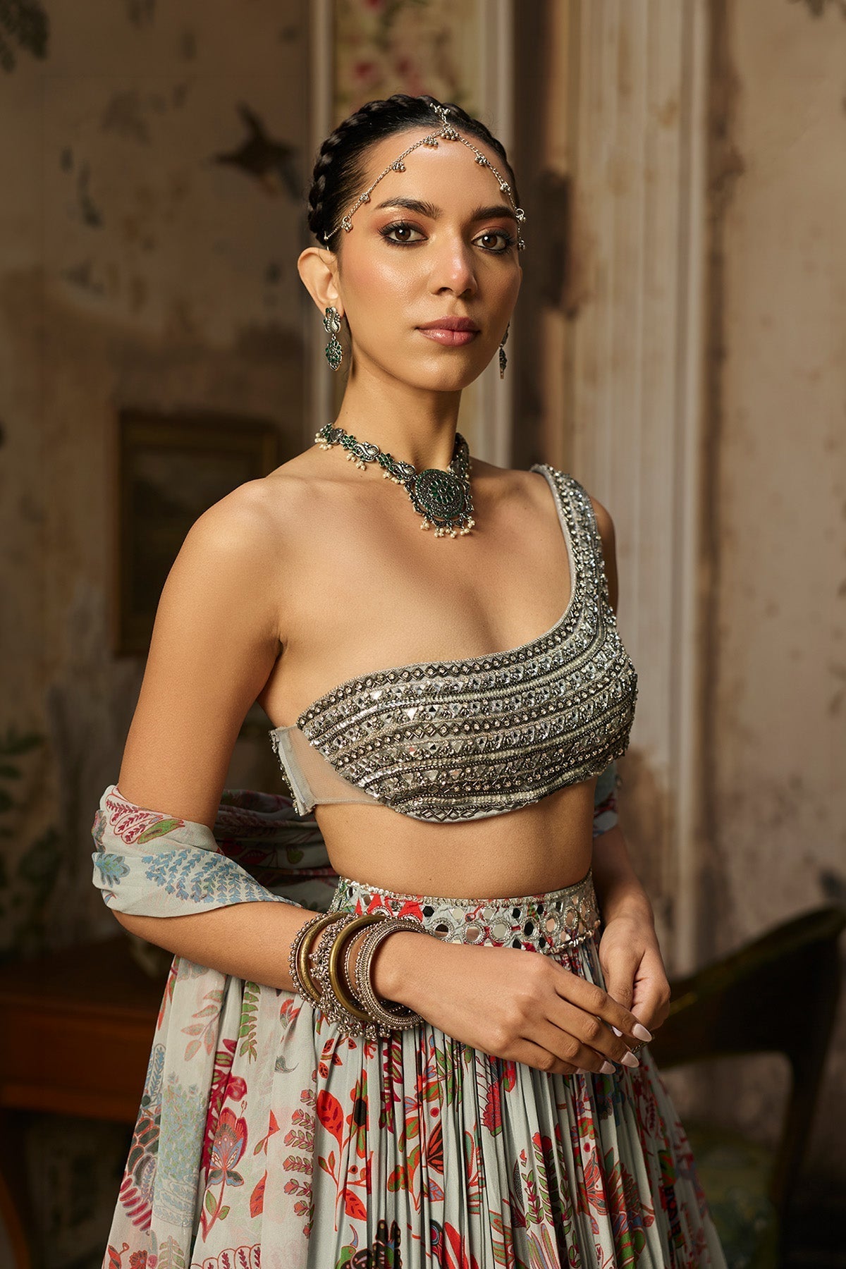 Slate Grey Embroidered Blouse With Printed Lehenga Set - Ready To Ship