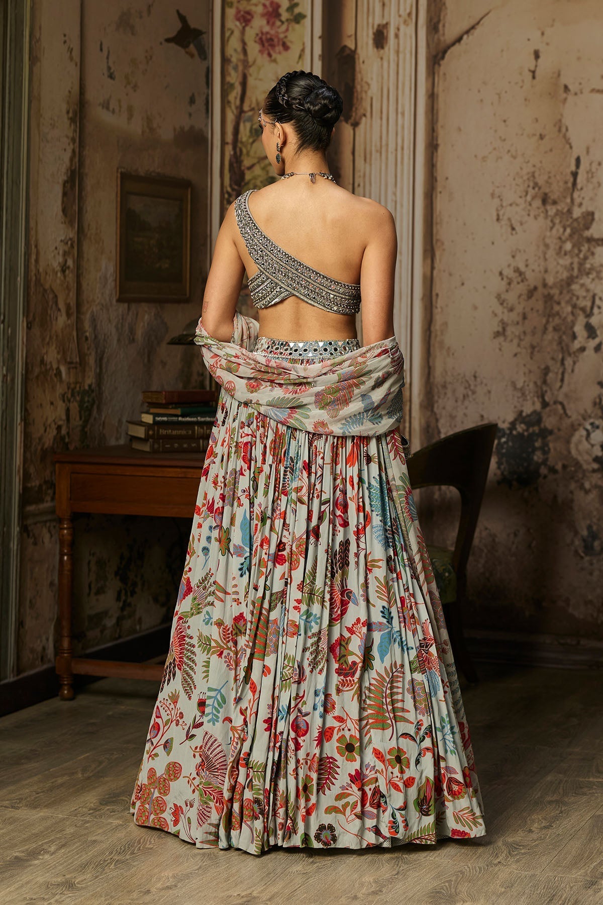Slate Grey Embroidered Blouse With Printed Lehenga Set - Ready To Ship