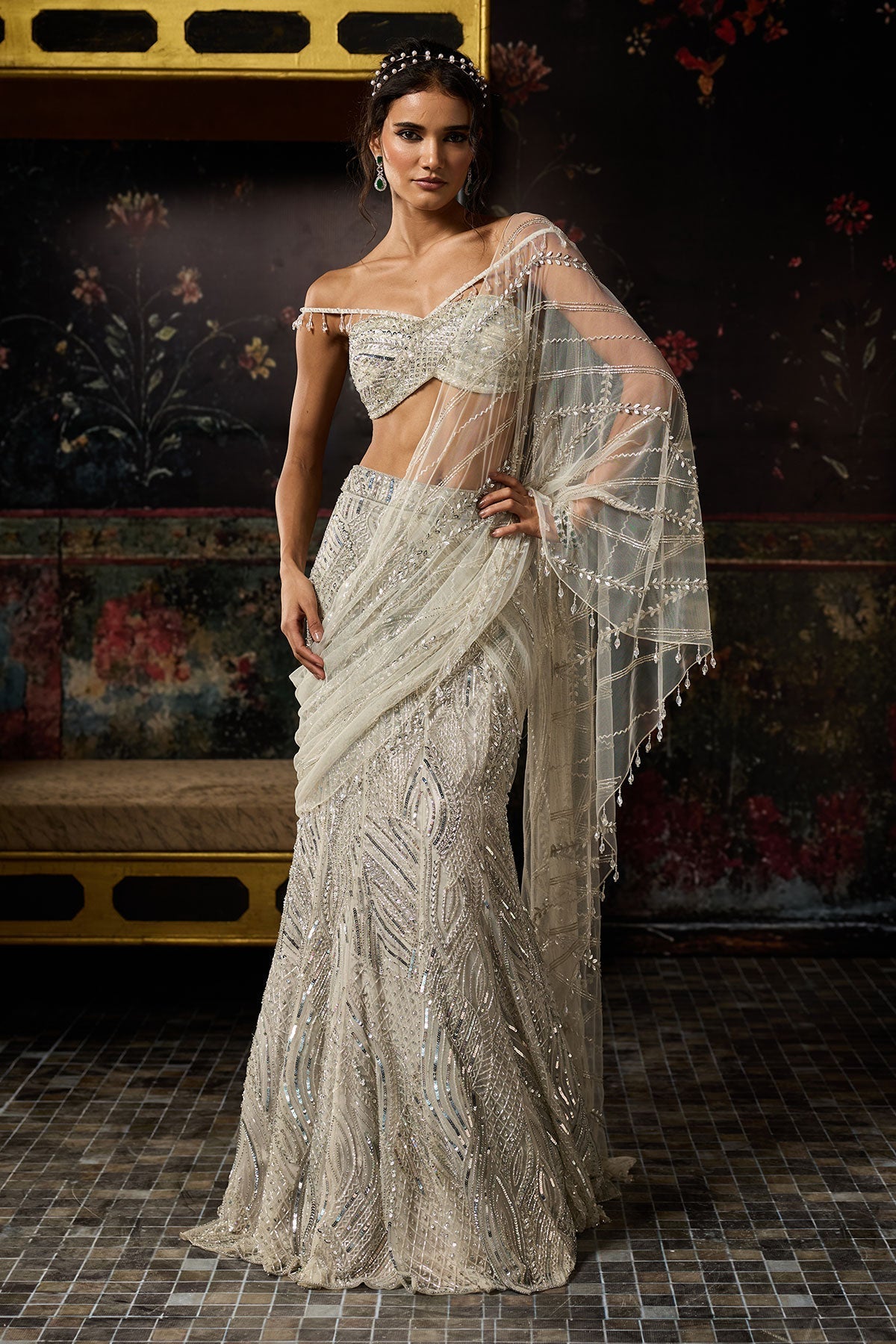 Silver Fully Embroidered Mermaid Skirt Saree Set - Ready To Ship