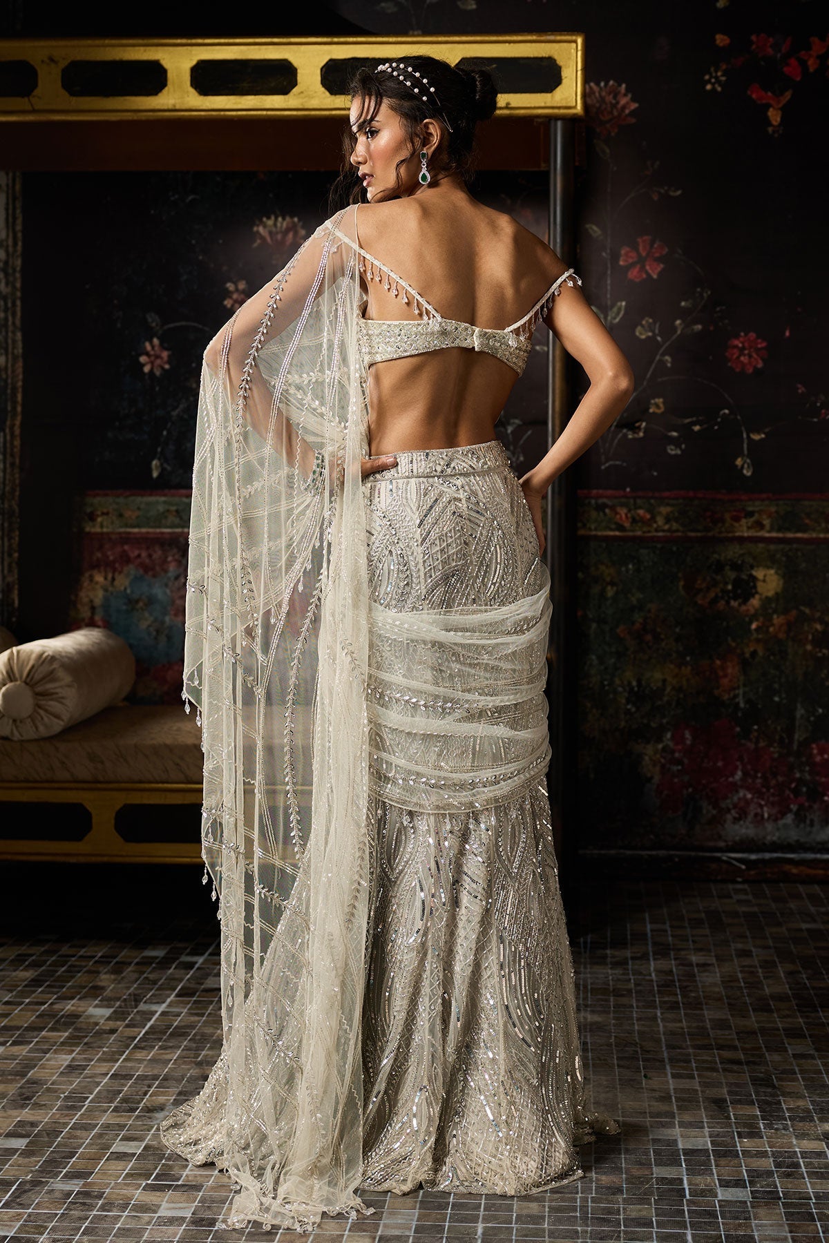 Silver Fully Embroidered Mermaid Skirt Saree Set - Ready To Ship