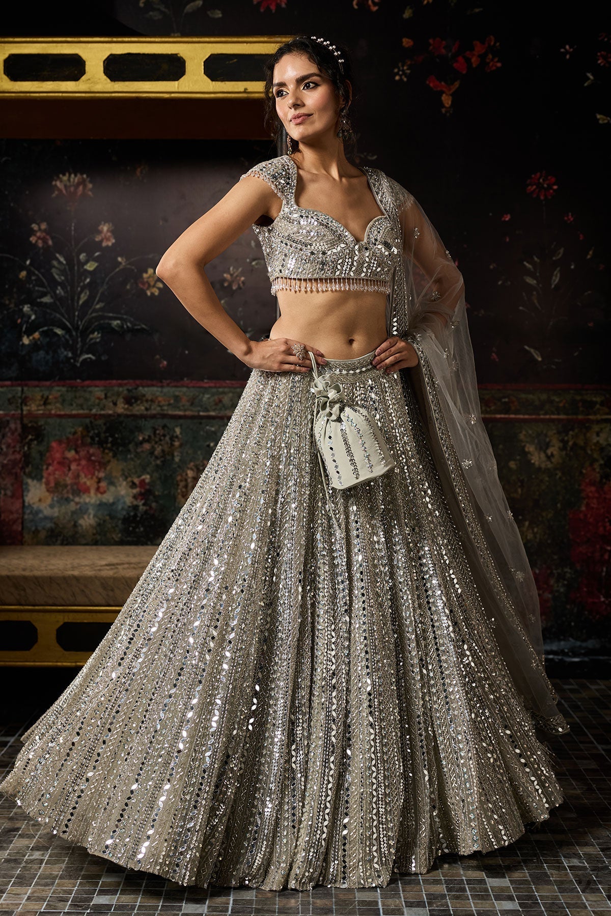 Silver Embellished Mirrorwork Lehenga Set - Ready To Ship