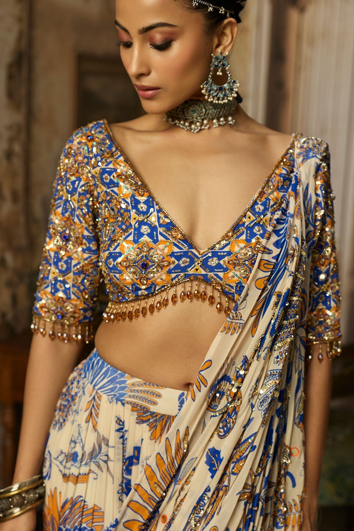 Ivory Printed And Highlighted Tiered Skirt Saree Set - Ready To Ship