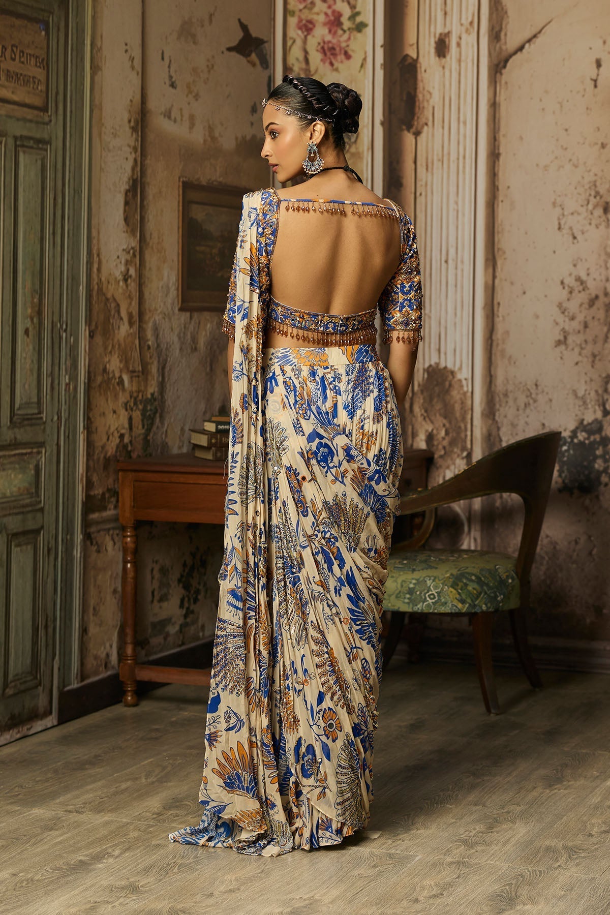 Ivory Printed And Highlighted Tiered Skirt Saree Set - Ready To Ship