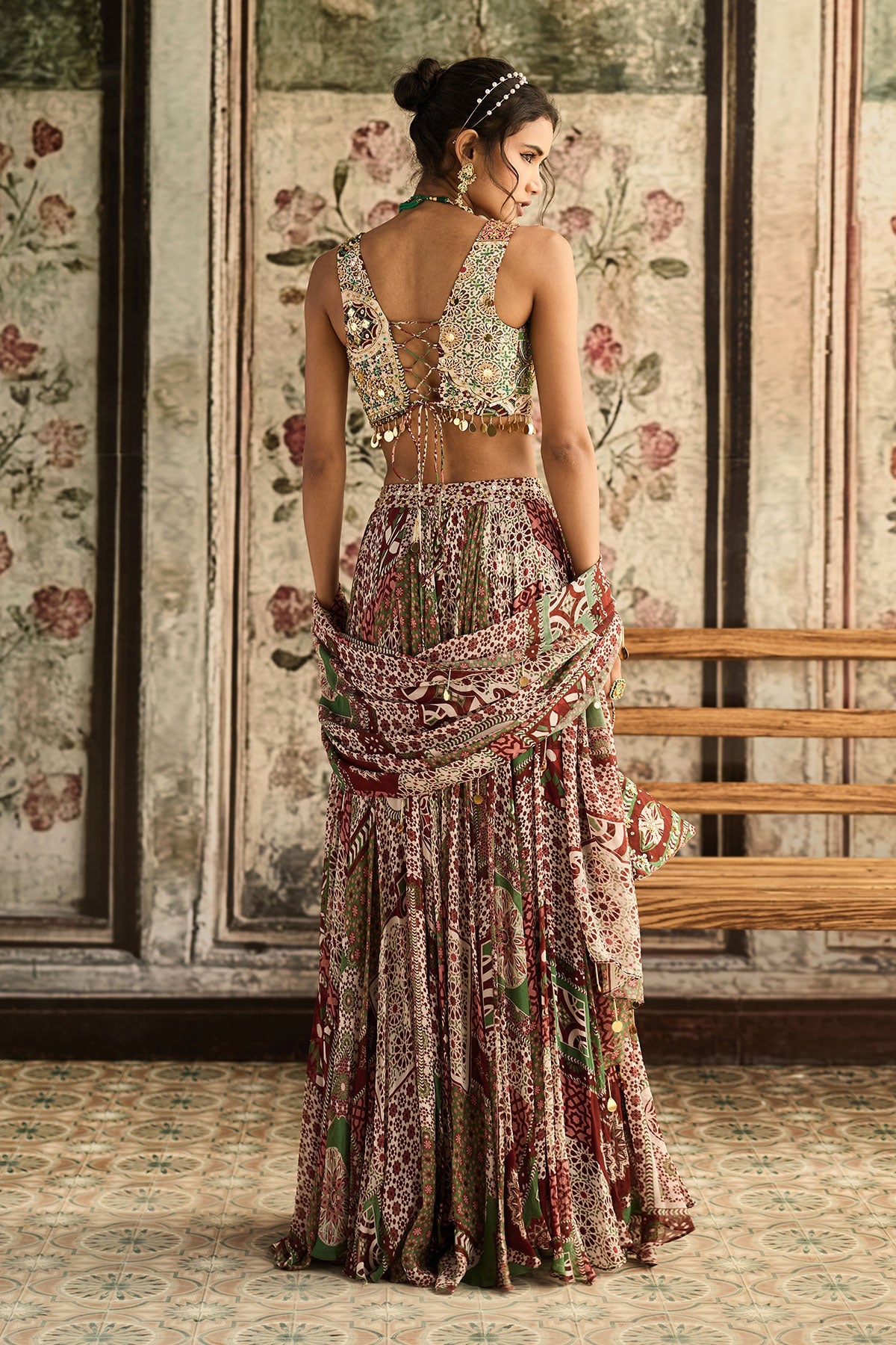 Sage-Maroon Print And Highlighted Lehenga Set