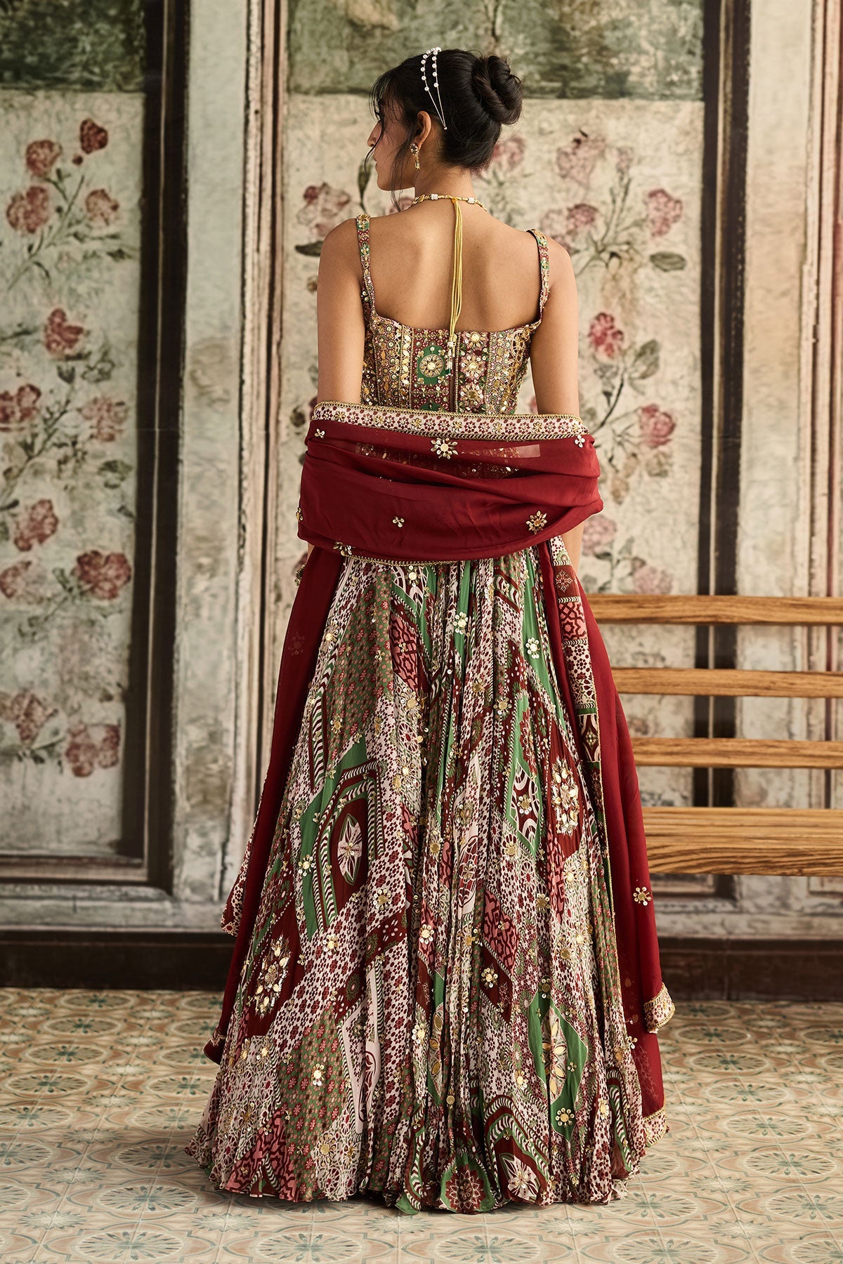Sage-Maroon Print And Highlighted Corset Blouse Lehenga Set