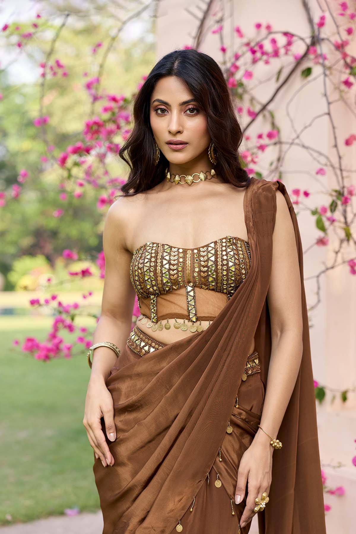 MOCHA BROWN TASSELED SLIT SAREE SET