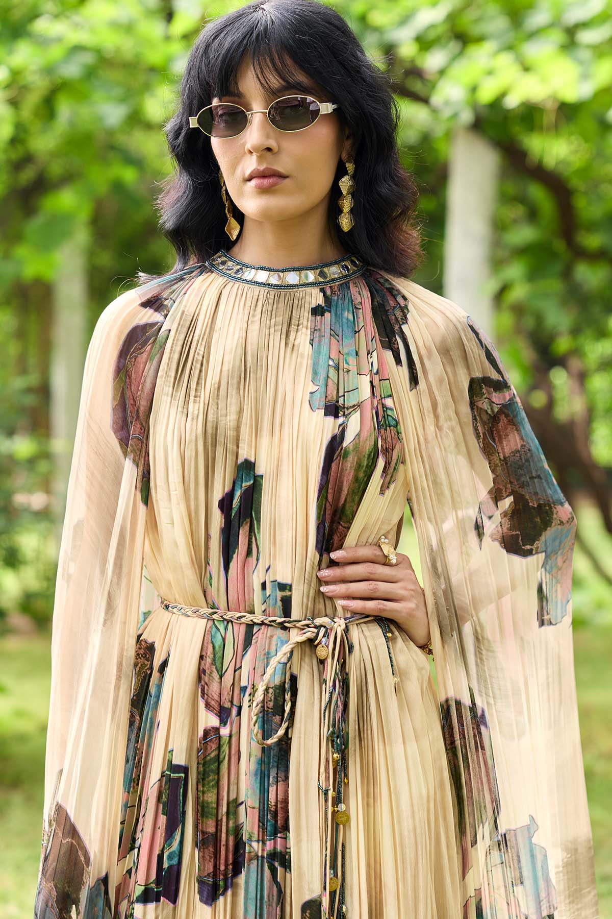 BEIGE FLORAL ROUCHED MAXI DRESS