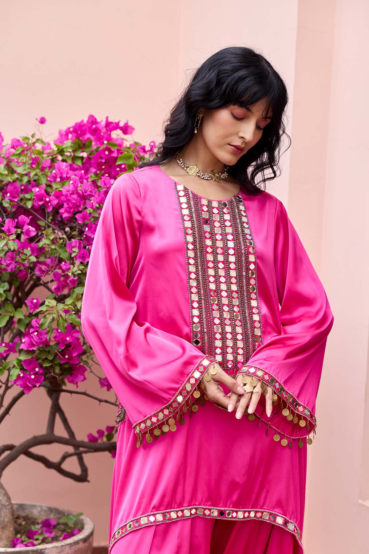 FUSCHIA PINK EMBROIDERED KURTI SET