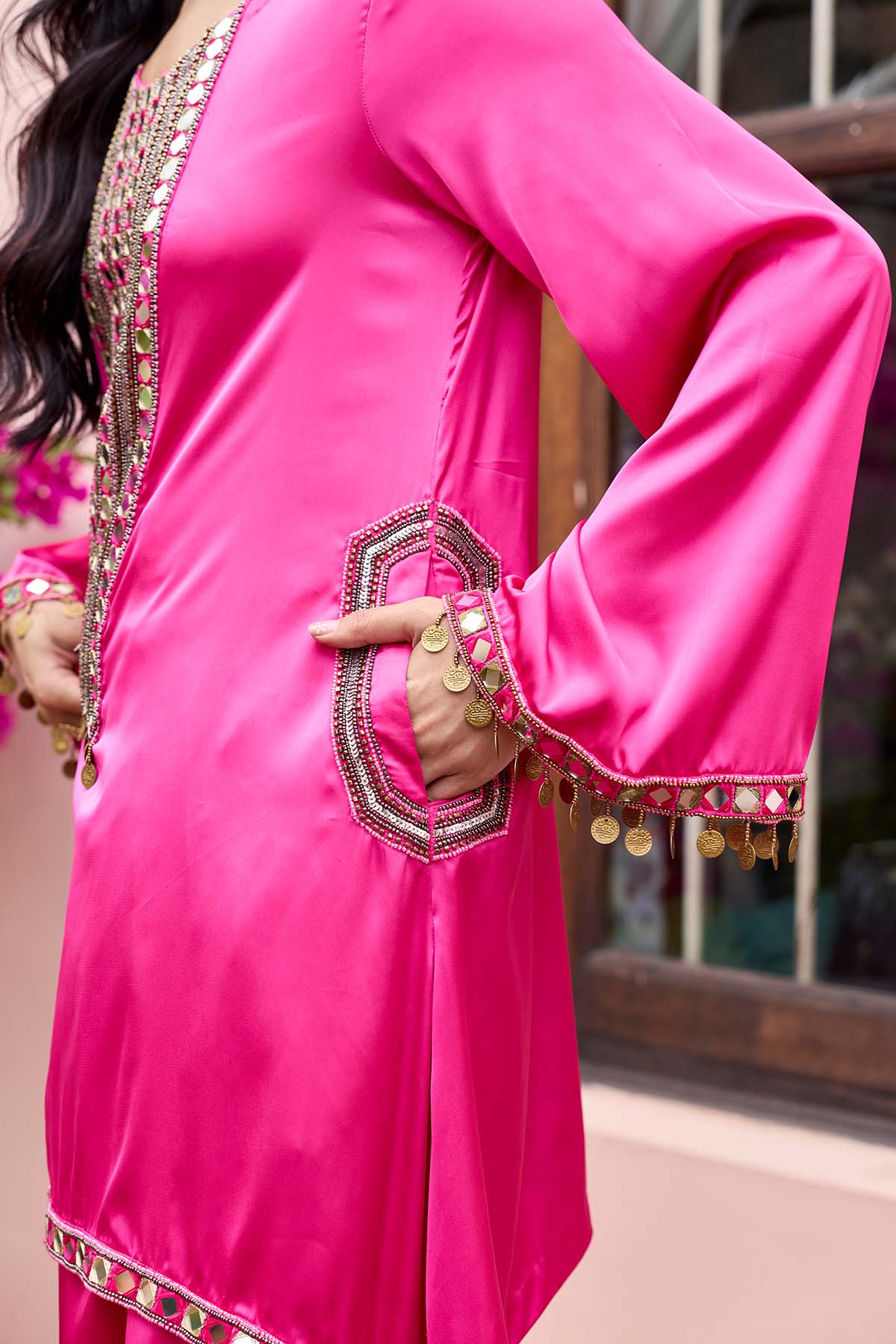 FUSCHIA PINK EMBROIDERED KURTI SET