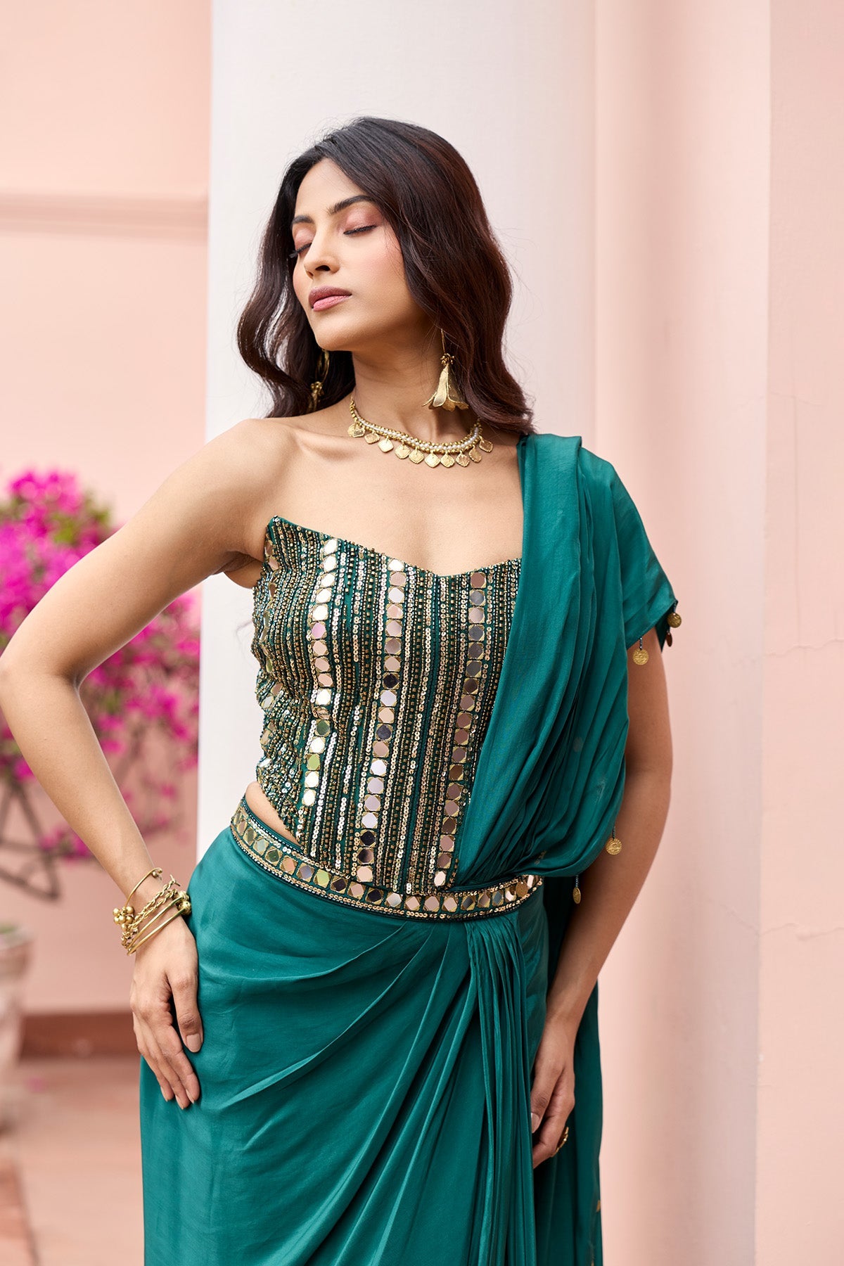 BOTTTLE GREEN EMBROIDERED CORSET SAREE SET