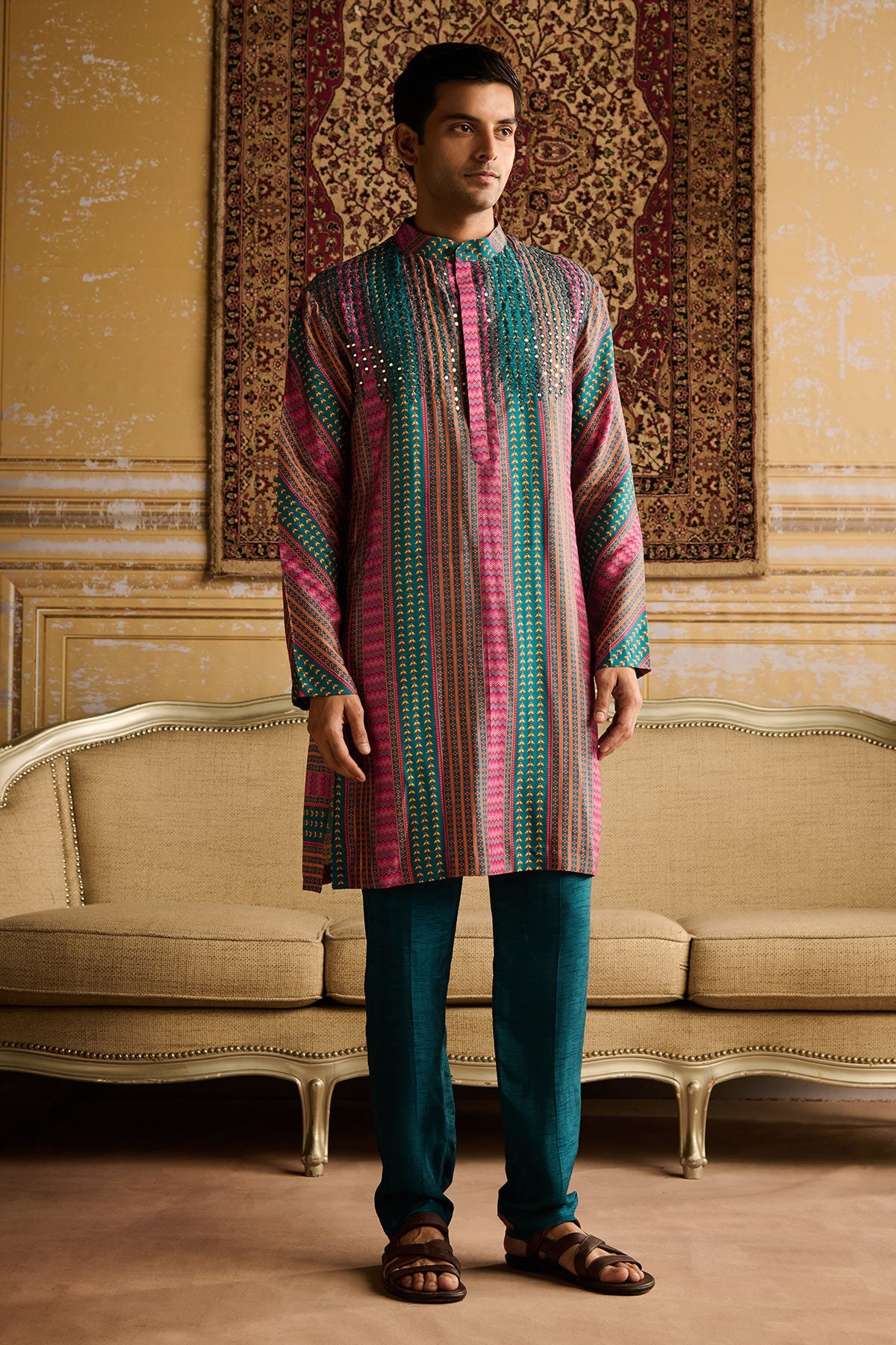 TEAL FUSCHIA STRIPE PRINT & EMBELLISHED KURTA WITH SOLID TEAL PANTS