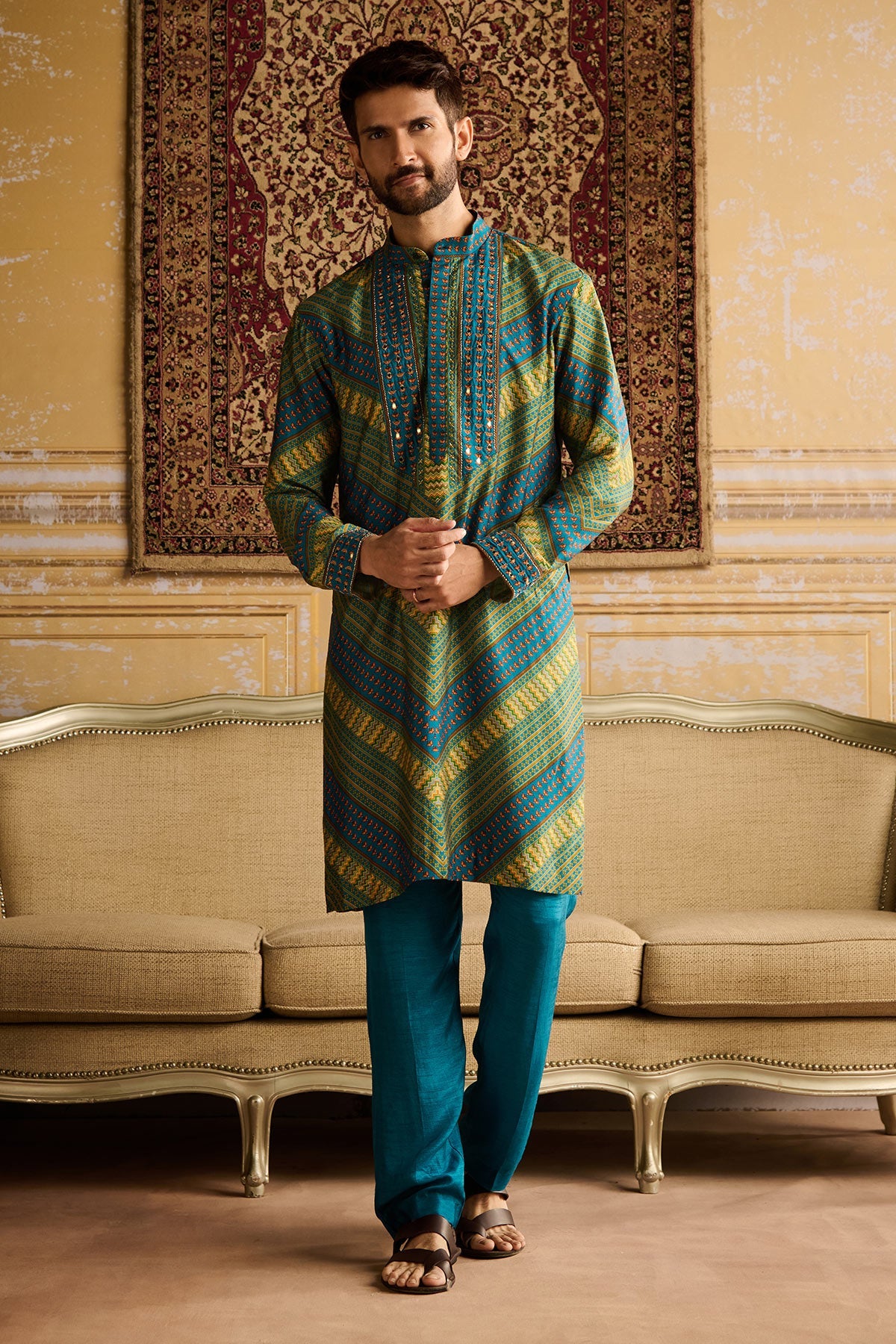 TEAL CHEVRON PRINT & EMBELLISHED KURTA WITH SOLID TEAL PANTS