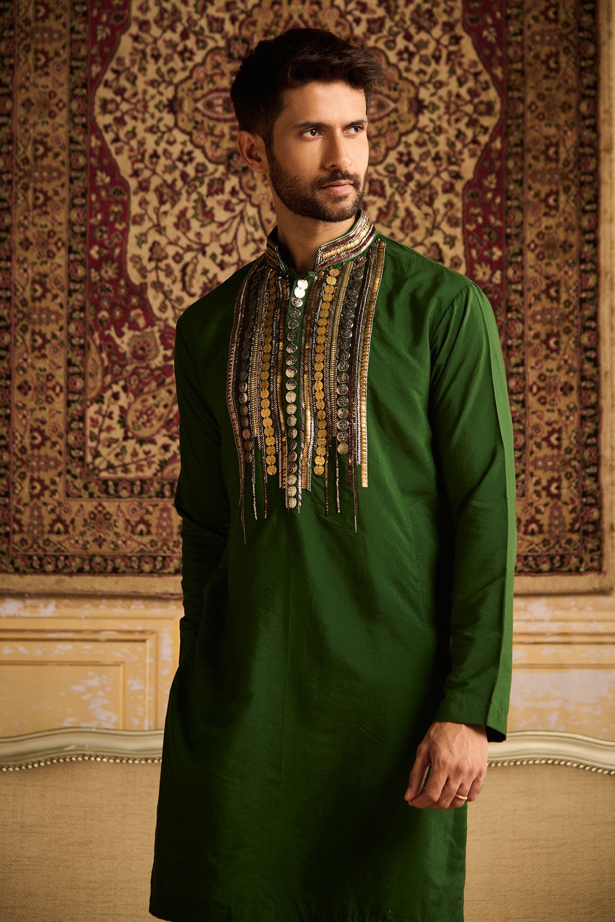 OLIVE GREEN TRIBLE RUSTIC EMBROIDERED KURTA WITH OLIVE GREEN PANTS