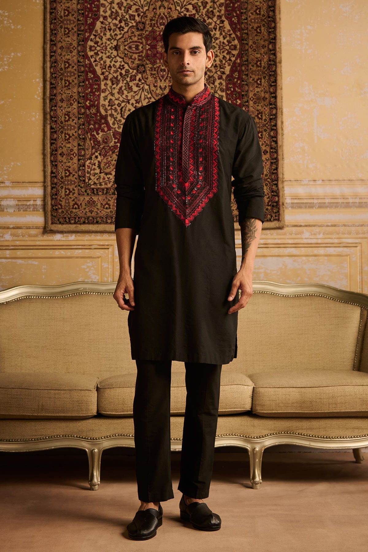 BLACK WITH RED YOKE EMBROIDERED KURTA WITH BLACK PANTS