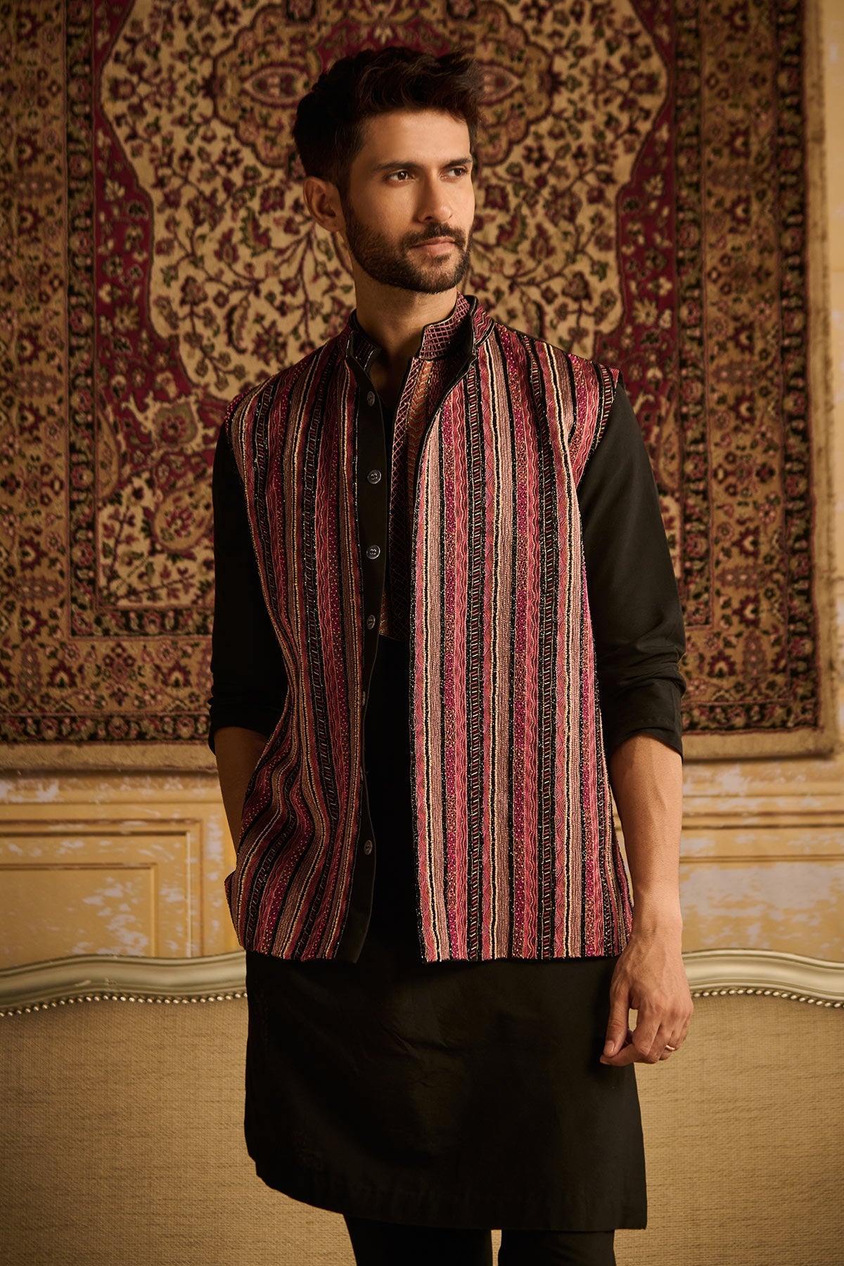 BLACK TRIBLE EMBROIDERED KURTA, BUNDY WITH BLACK PANTS