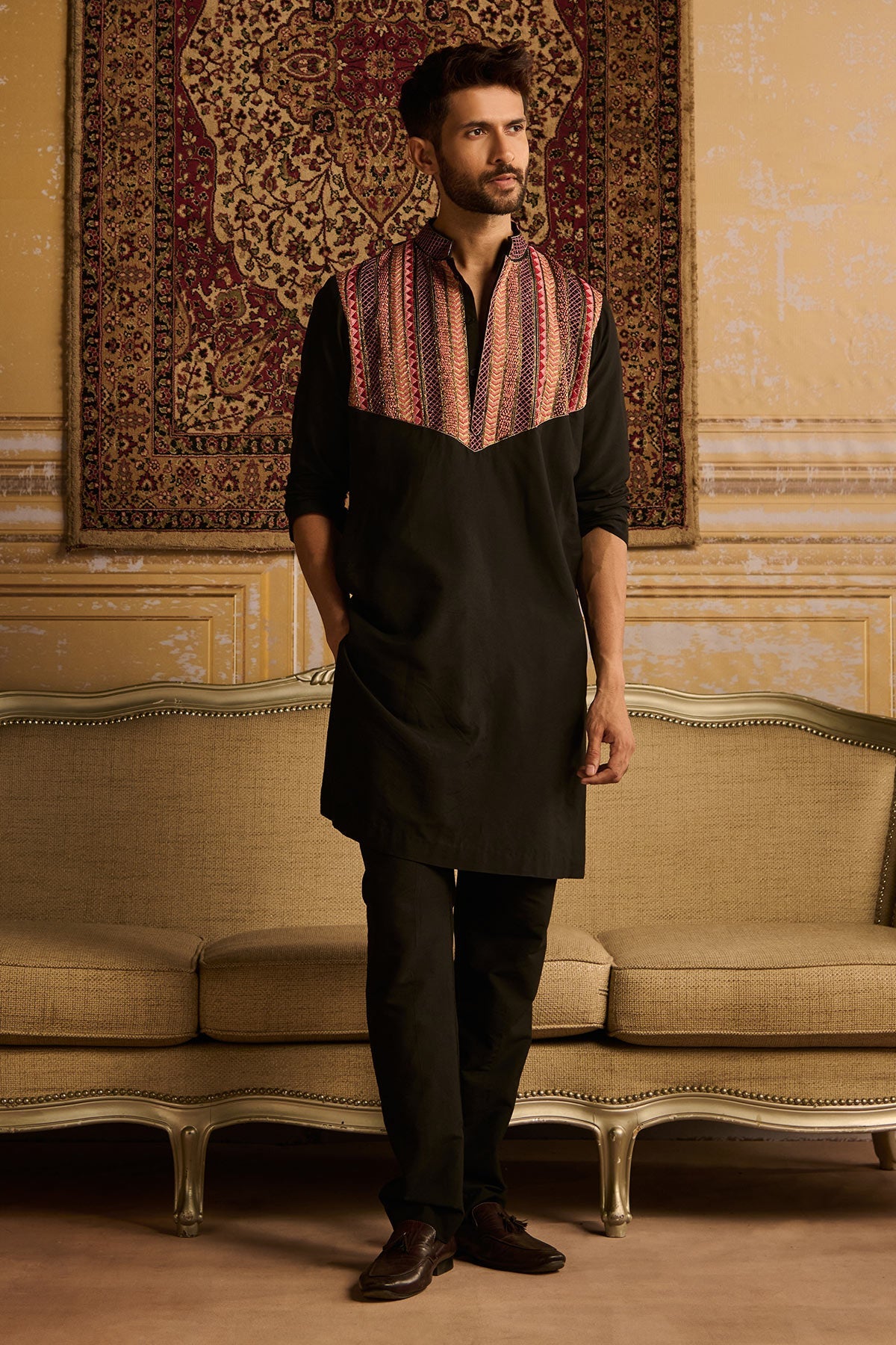 BLACK TRIBLE EMBROIDERED KURTA WITH BLACK PANTS