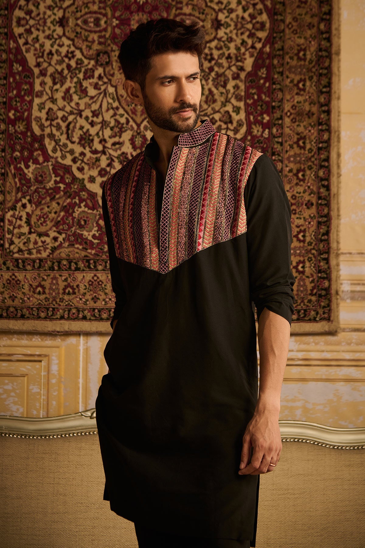 BLACK TRIBLE EMBROIDERED KURTA WITH BLACK PANTS