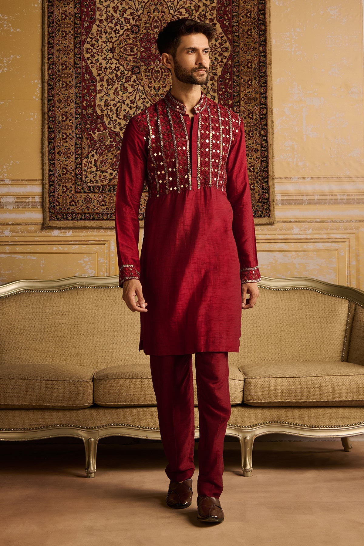 MAROON MIRROR EMBROIDERED KURTA WITH MAROON PANTS