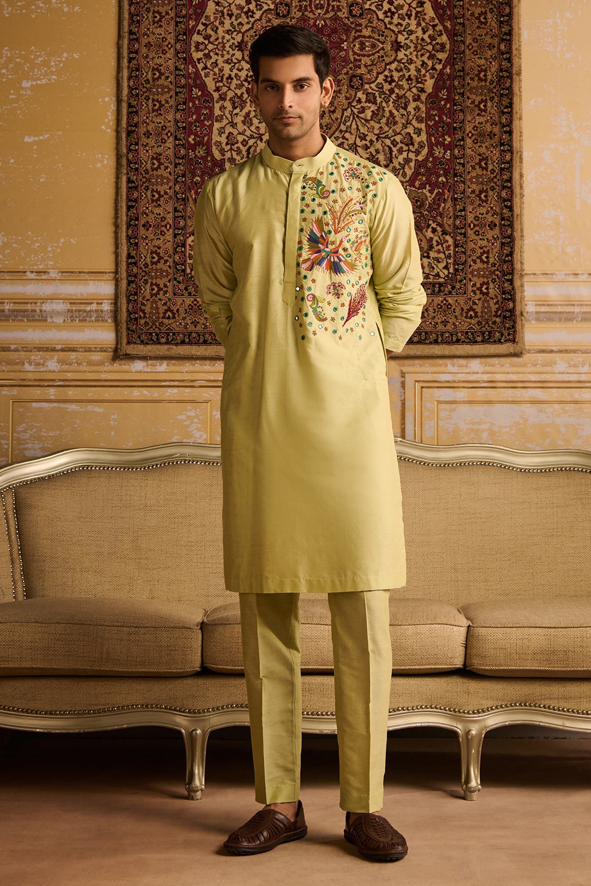 MINT GREEN COSMIC FLORAL EMBROIDERED KURTA WITH MINT GREEN PANTS