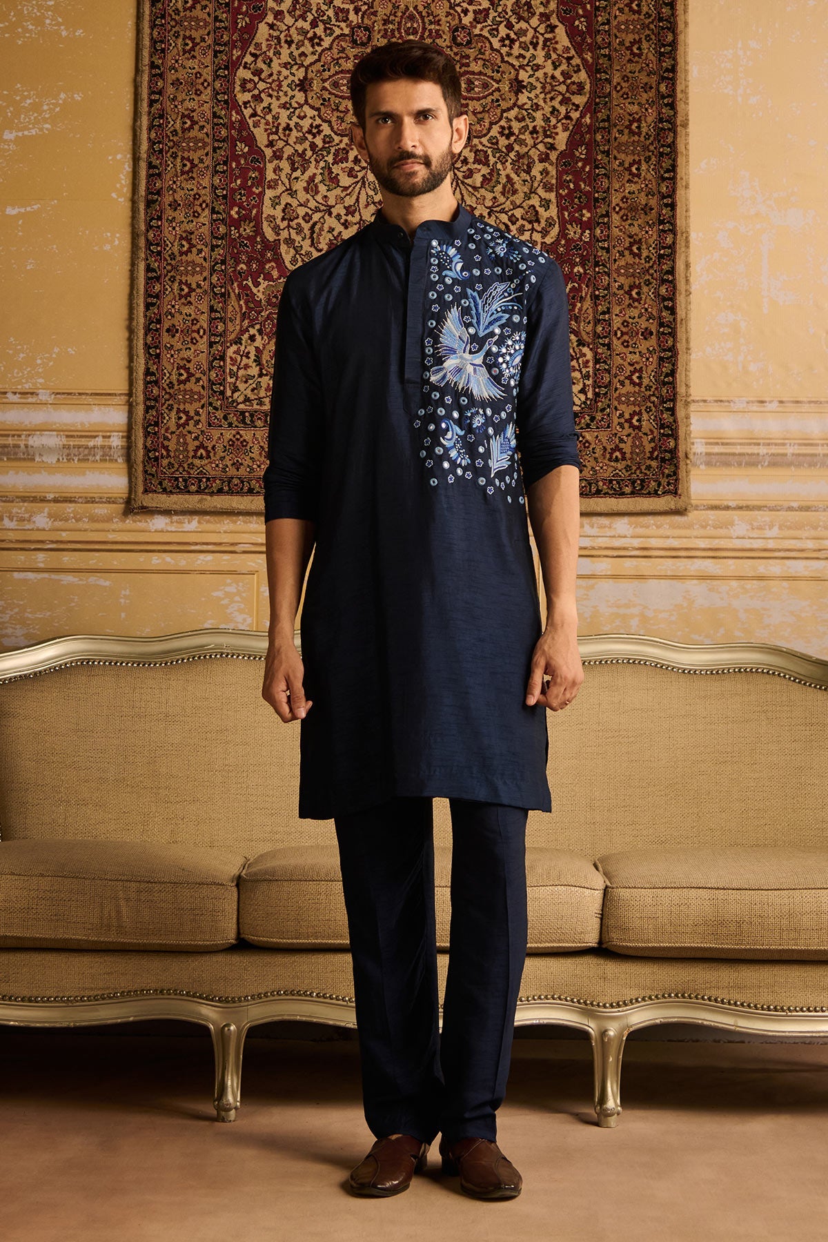 DARK BLUE COSMIC FLORAL EMBROIDERED KURTA WITH DARK BLUE PANTS