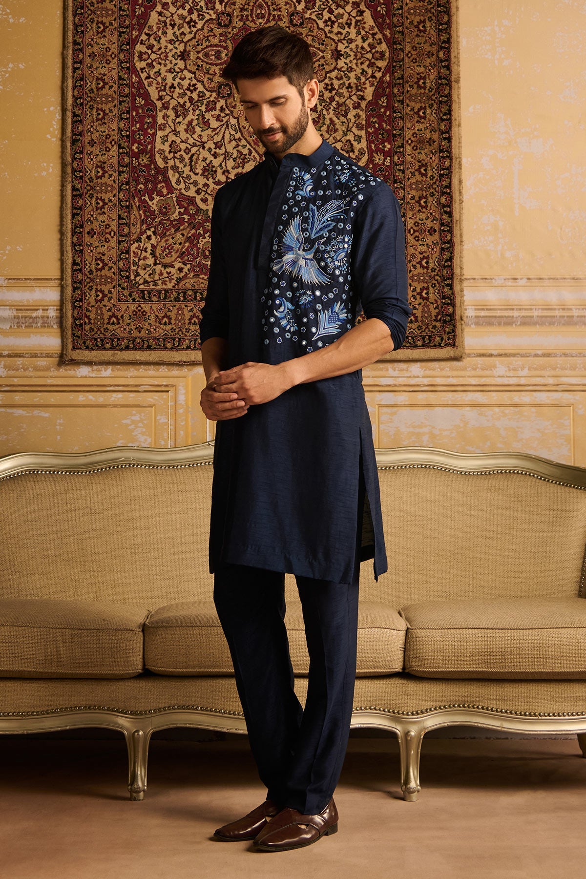 DARK BLUE COSMIC FLORAL EMBROIDERED KURTA, BUNDI WITH DARK BLUE PANTS