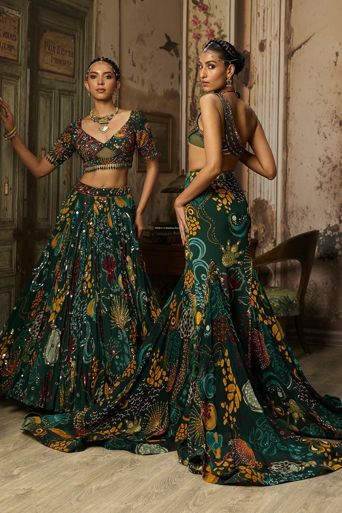 Dark Green Printed And Highlighted Lehenga Set - Ready To Ship