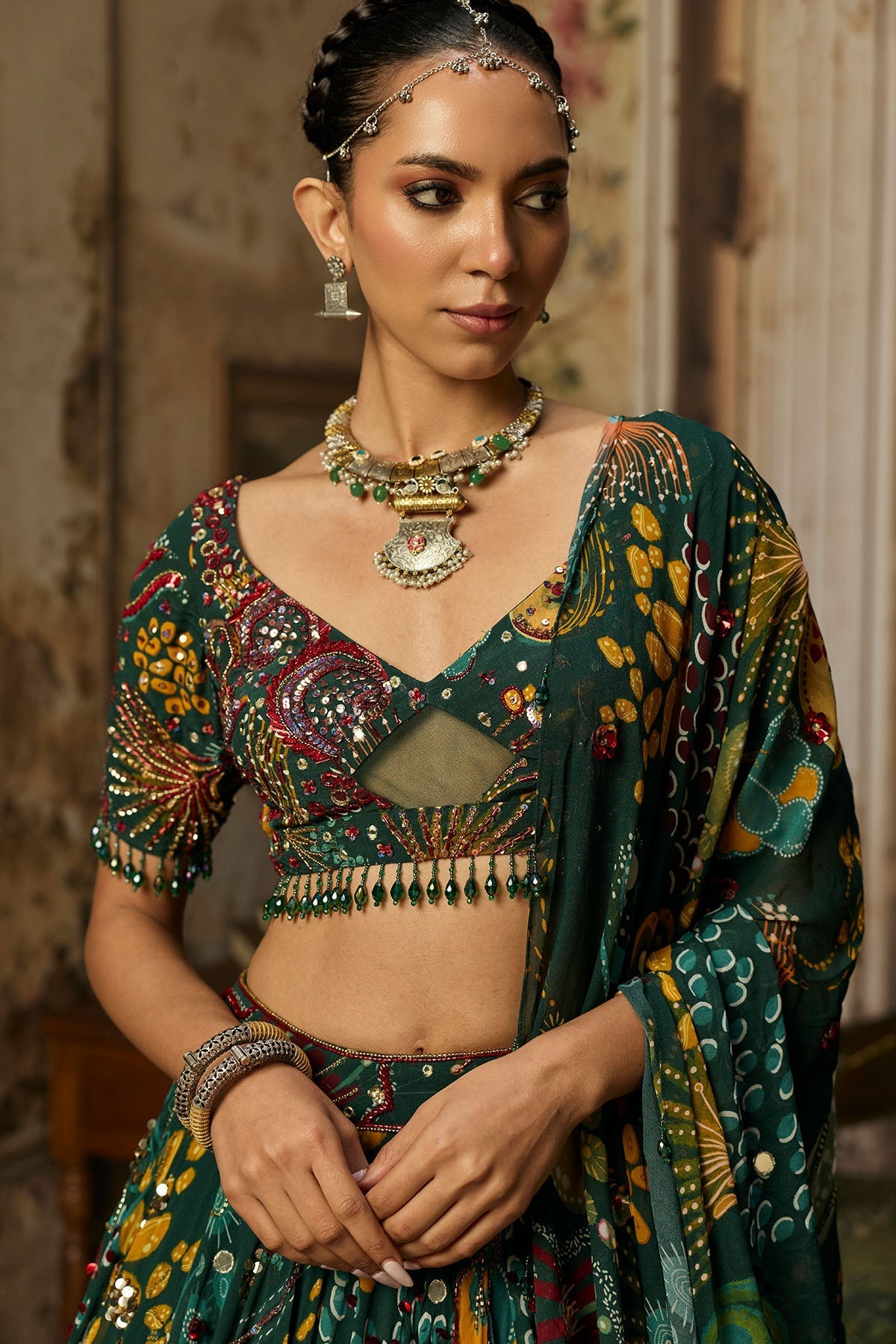 Dark Green Printed And Highlighted Lehenga Set - Ready To Ship