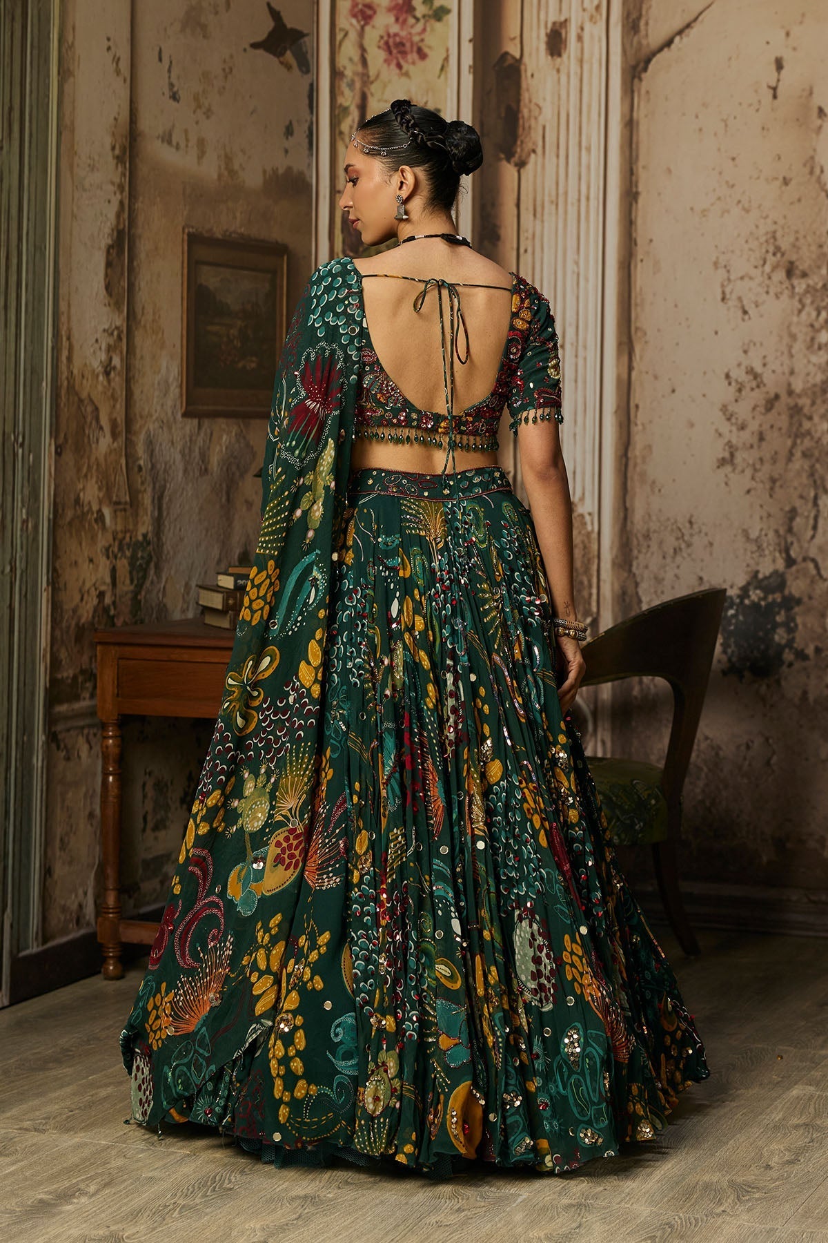 Dark Green Printed And Highlighted Lehenga Set - Ready To Ship
