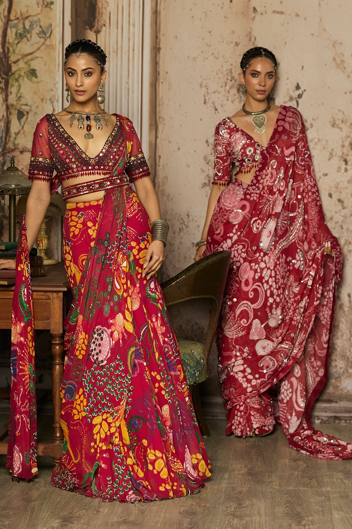 Deep Red Embroidered Blouse With Mermaid Skirt Saree Set - Ready To Ship