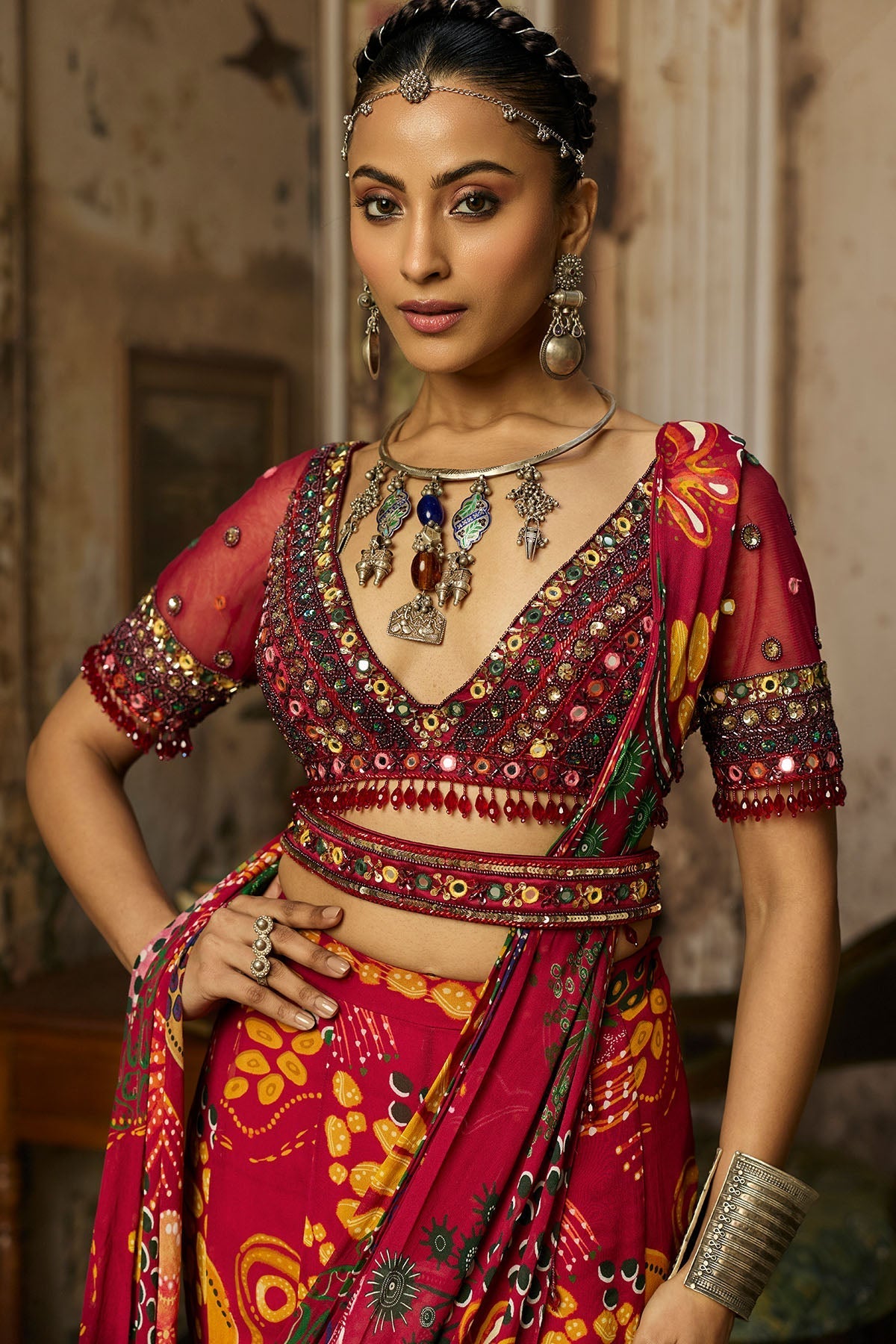 Deep Red Embroidered Blouse With Mermaid Skirt Saree Set - Ready To Ship