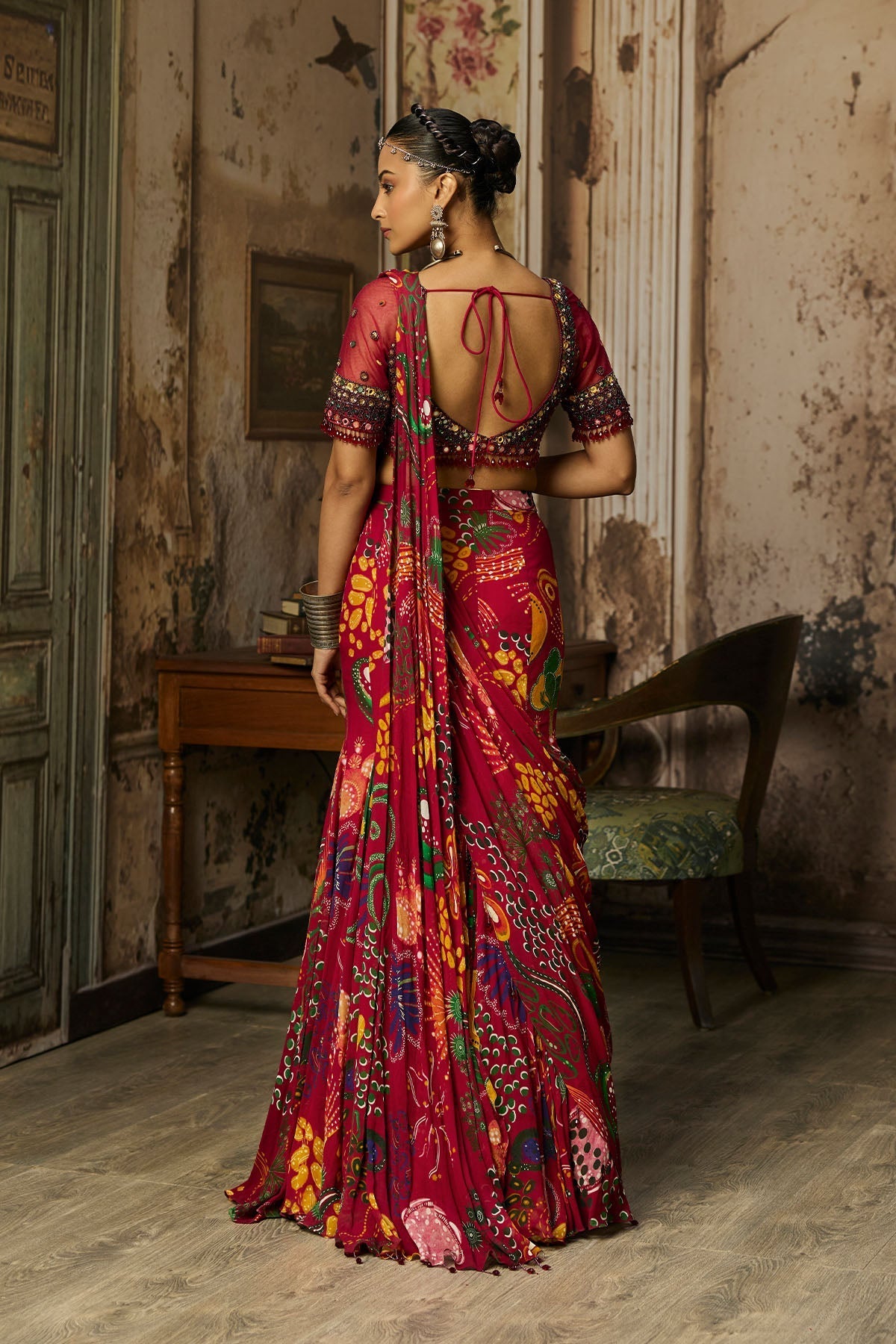 Deep Red Embroidered Blouse With Mermaid Skirt Saree Set - Ready To Ship
