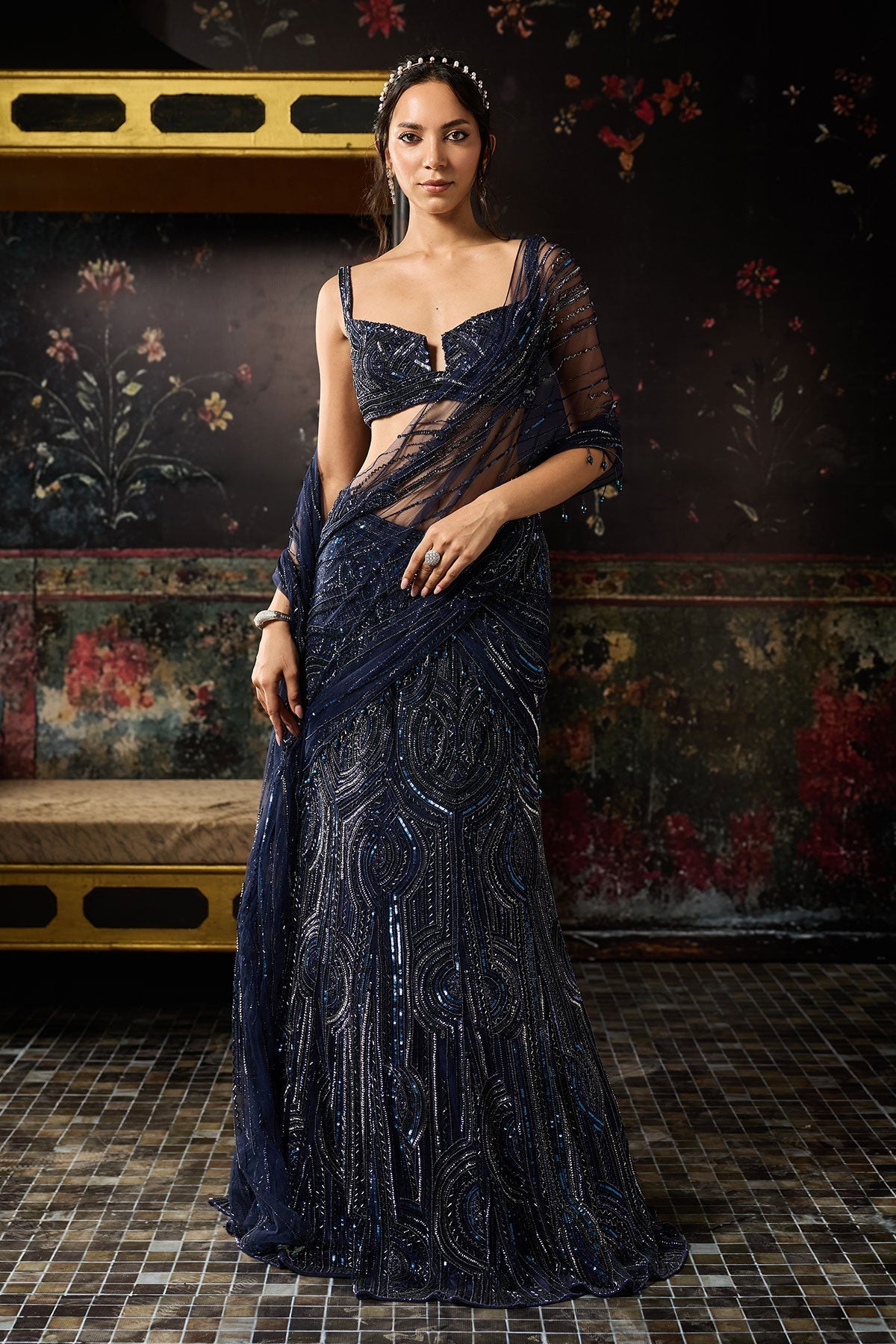 Midnight Blue Embellished Mermaid Skirt Saree Set - Ready To Ship