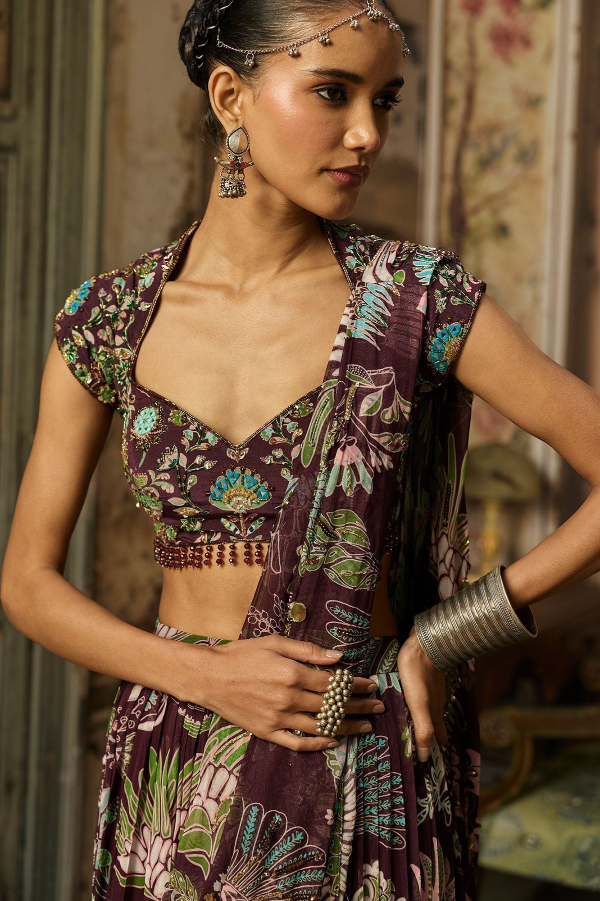 Plum Print And Highighted Tiered Skirt Saree Set - Ready To Ship