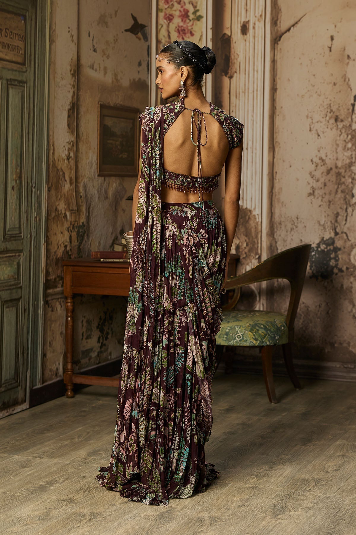 Plum Print And Highighted Tiered Skirt Saree Set - Ready To Ship