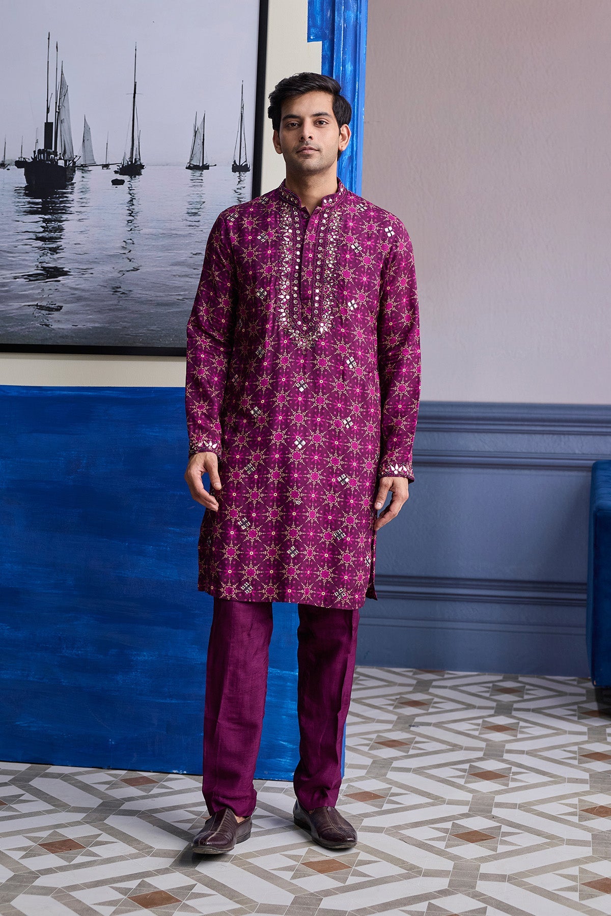 PLUM BUTTA PRINT HIGHLIGHTED KURTA WITH SOLID PANTS