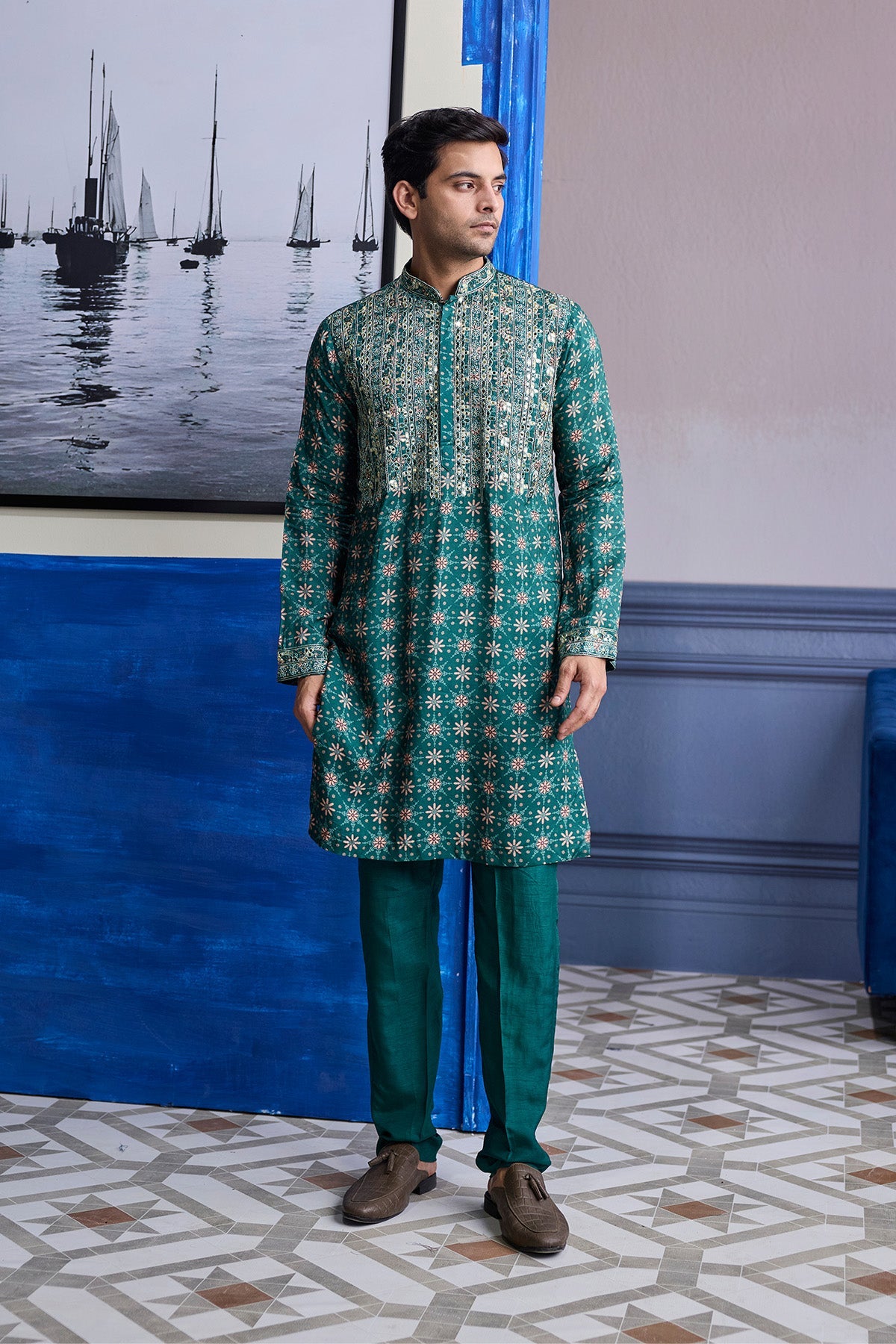 TEAL GREEN  BUTTA HIGHLIGHTED  KURTA WITH SOLID PANTS