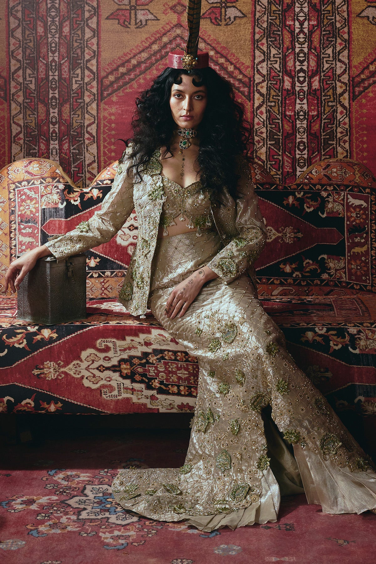 Pearl-Gold Skirt, Jacket, and Bustier Set