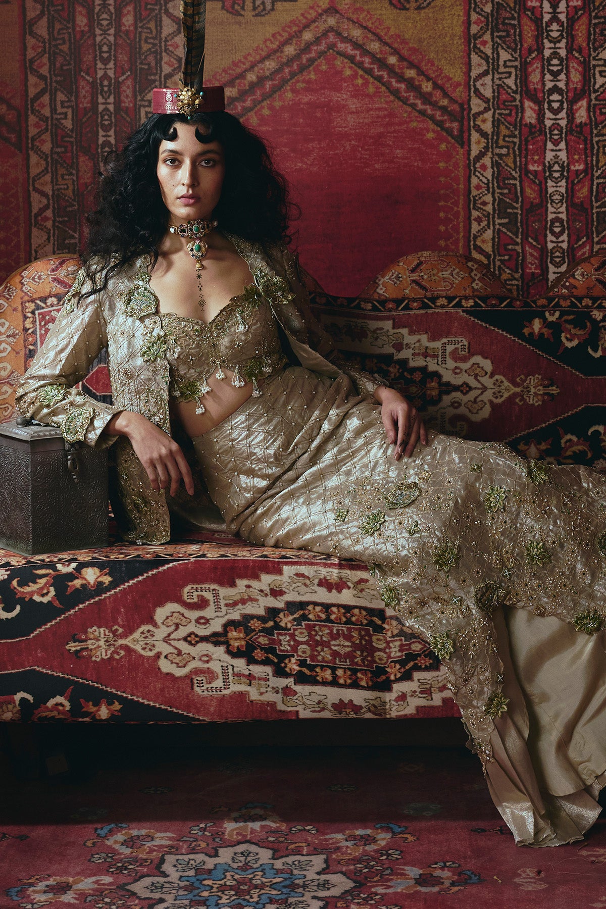 Pearl-Gold Skirt, Jacket, and Bustier Set