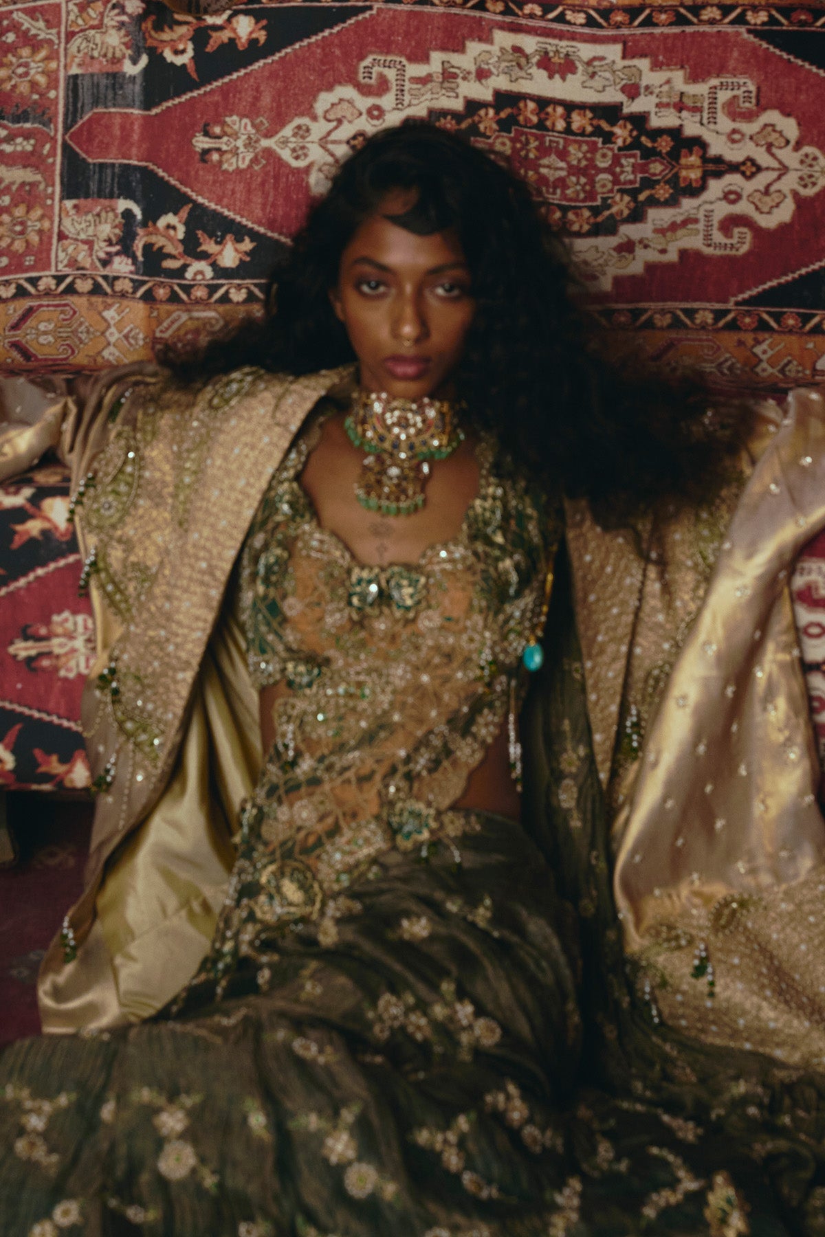 Emerald Green Drape Saree and  Blouse Set