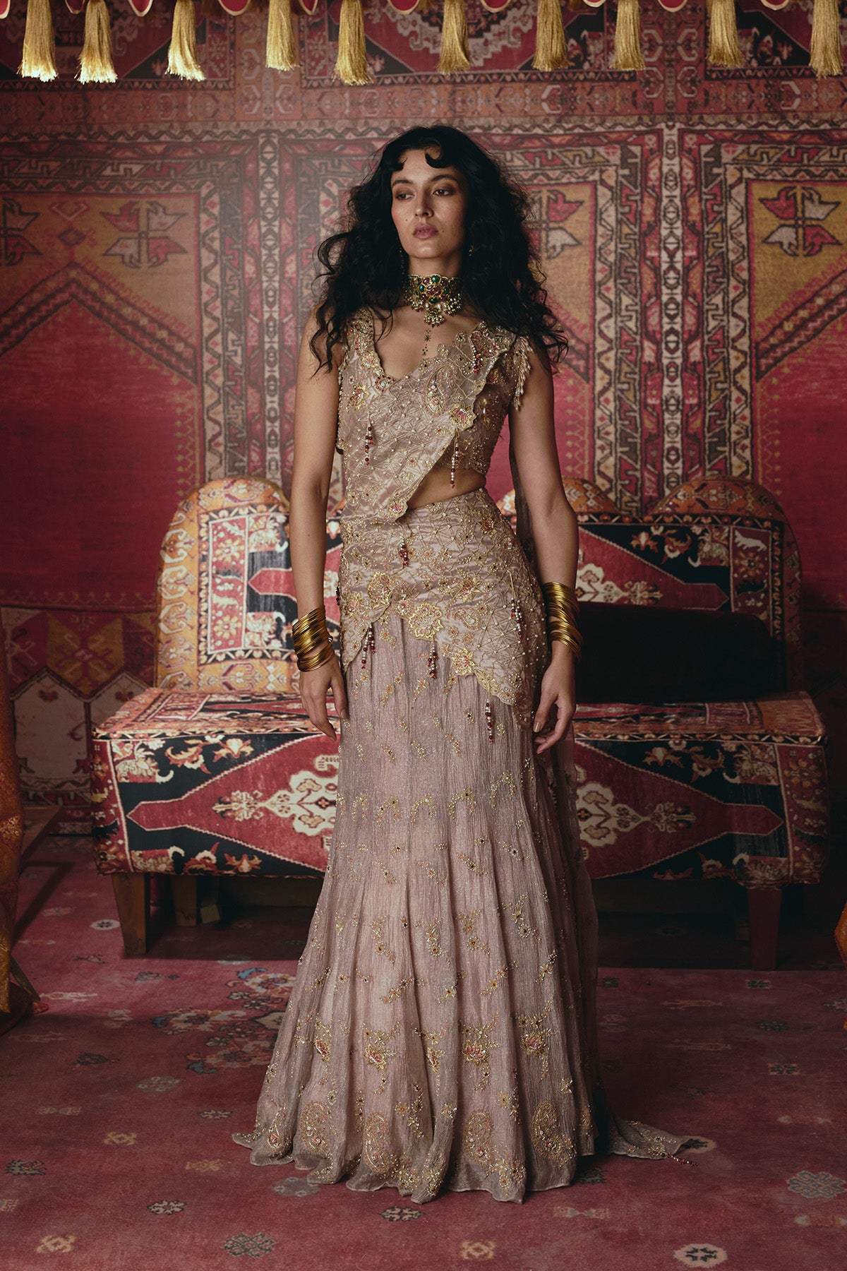 Rose Gold Drape Saree and Blouse Set