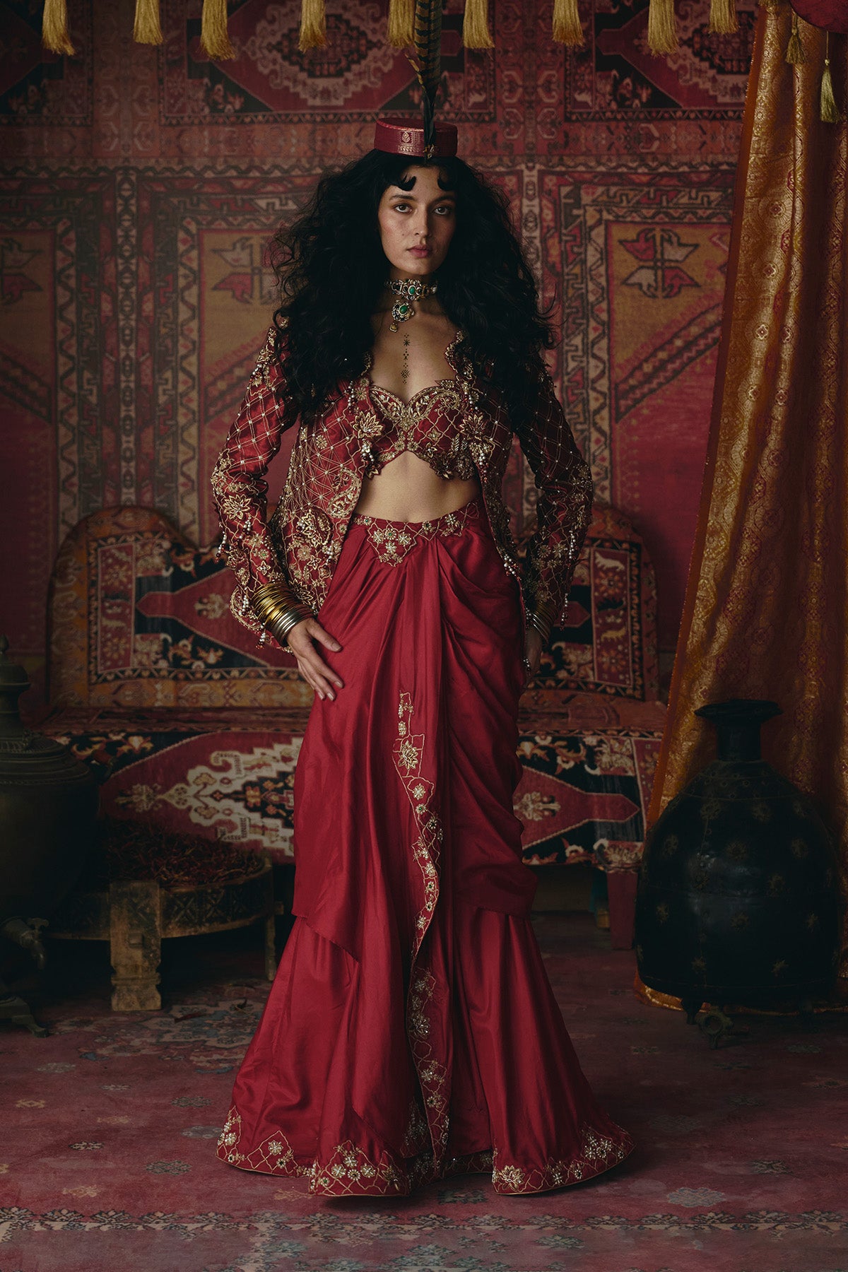 Maroon Drape Skirt, Jacket and Bustier Set