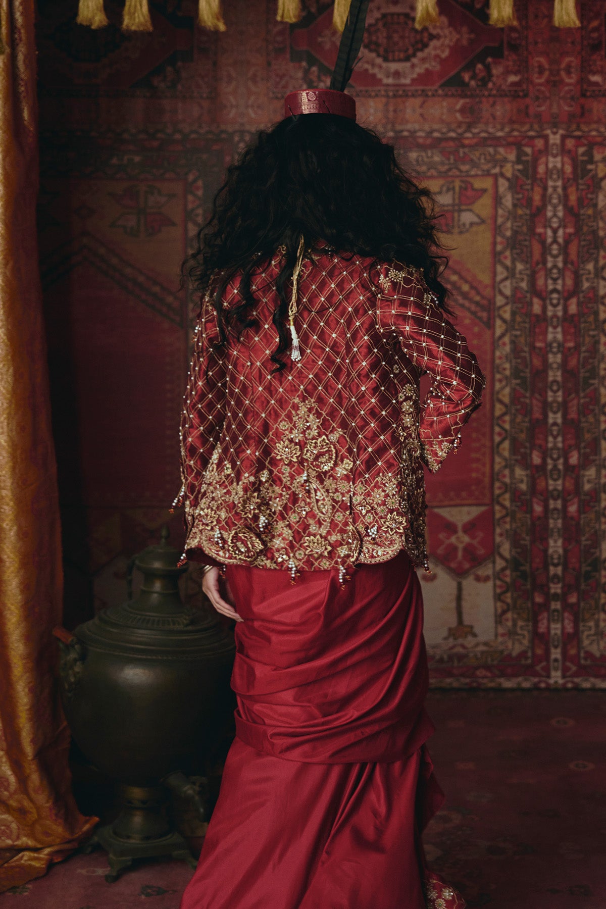 Maroon Drape Skirt, Jacket and Bustier Set
