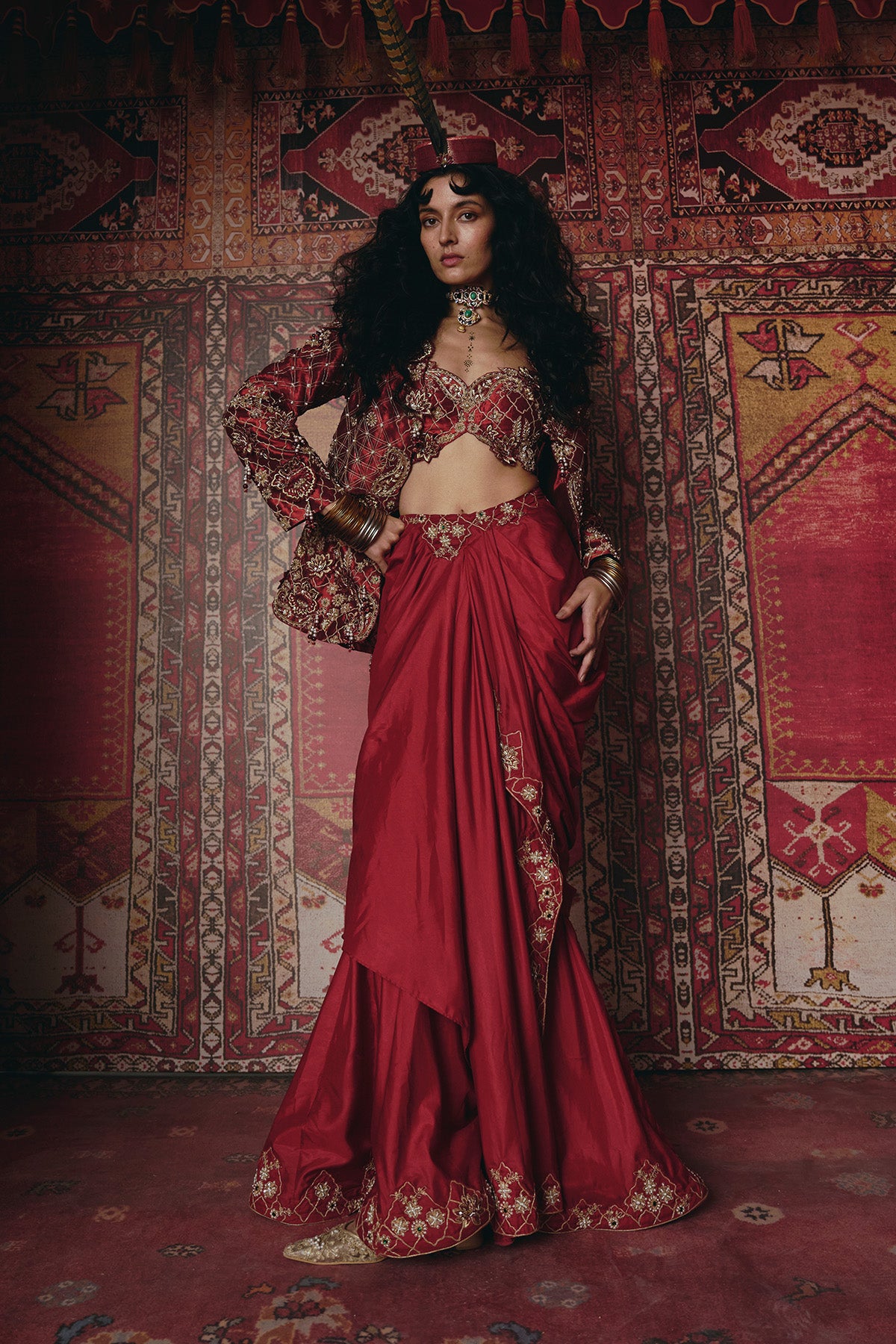 Maroon Drape Skirt, Jacket and Bustier Set