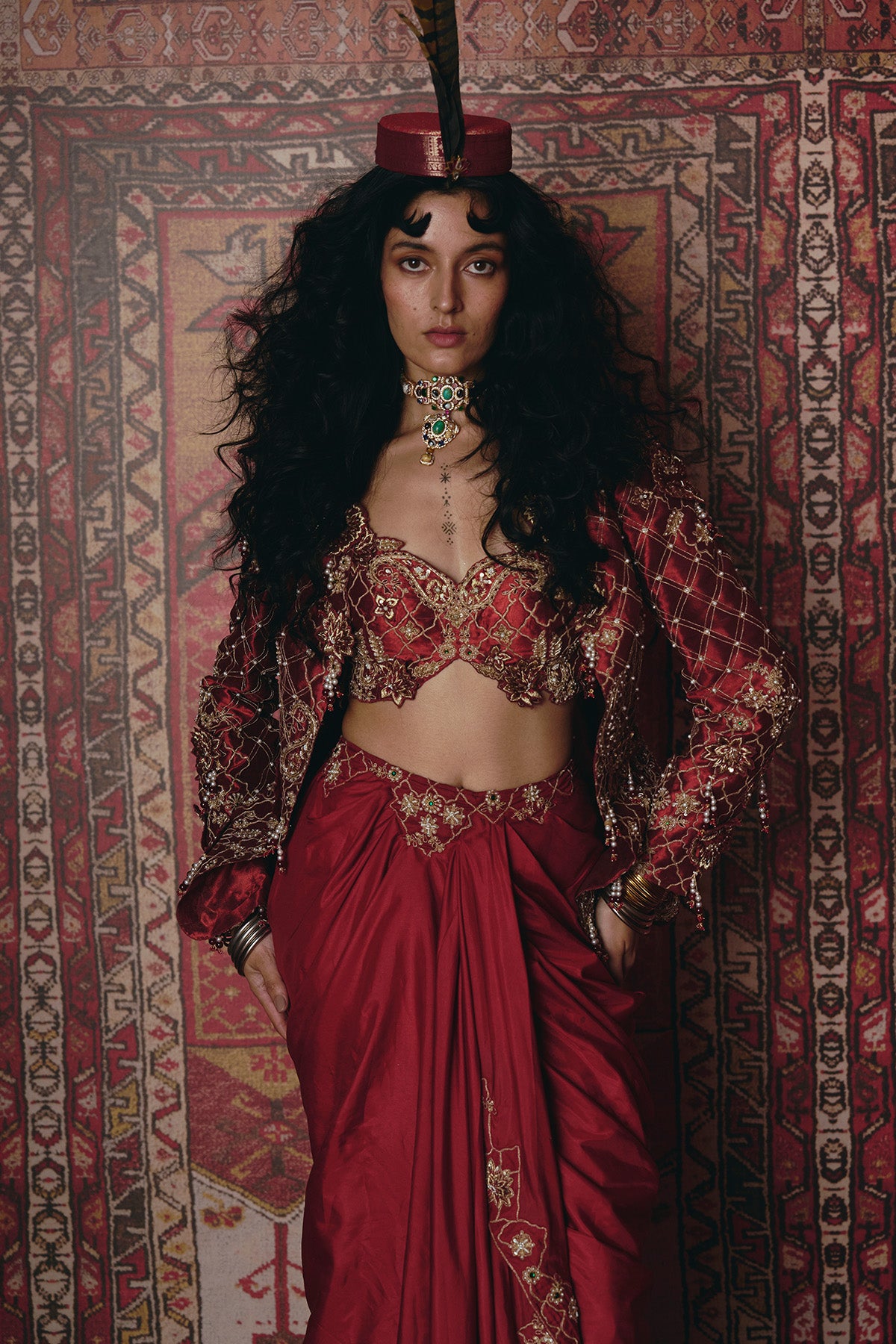 Maroon Drape Skirt, Jacket and Bustier Set