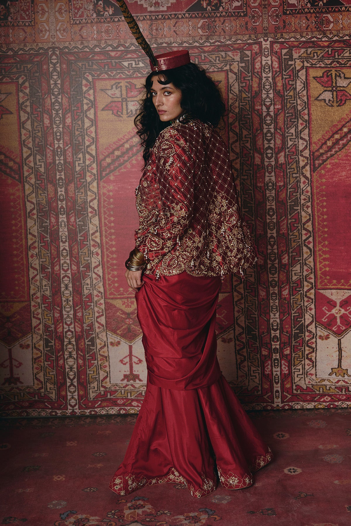 Maroon Drape Skirt, Jacket and Bustier Set